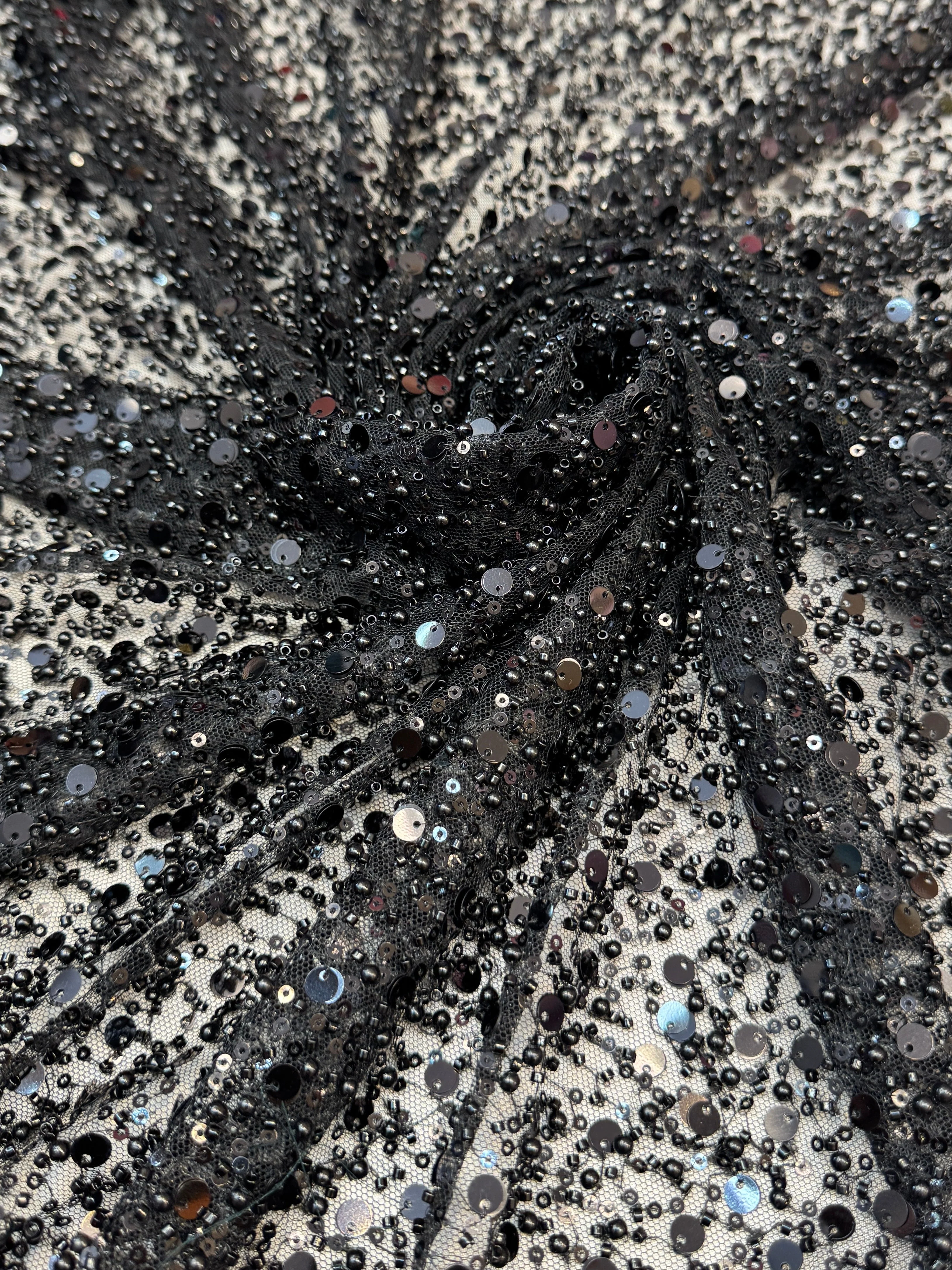 Black Beaded Sequin Pearl Embroidered Mesh Lace - Image 3