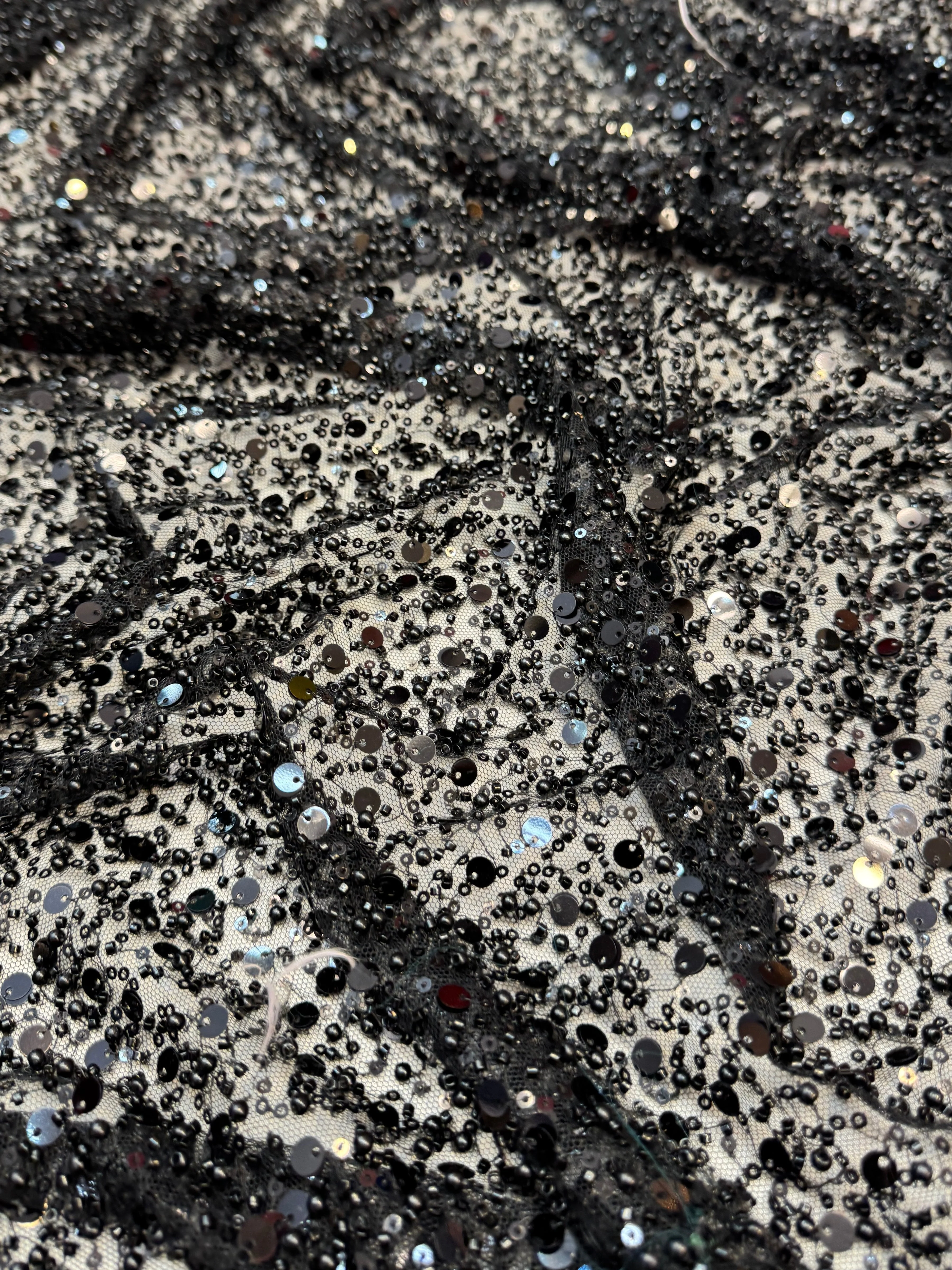 Black Beaded Sequin Pearl Embroidered Mesh Lace - Image 4