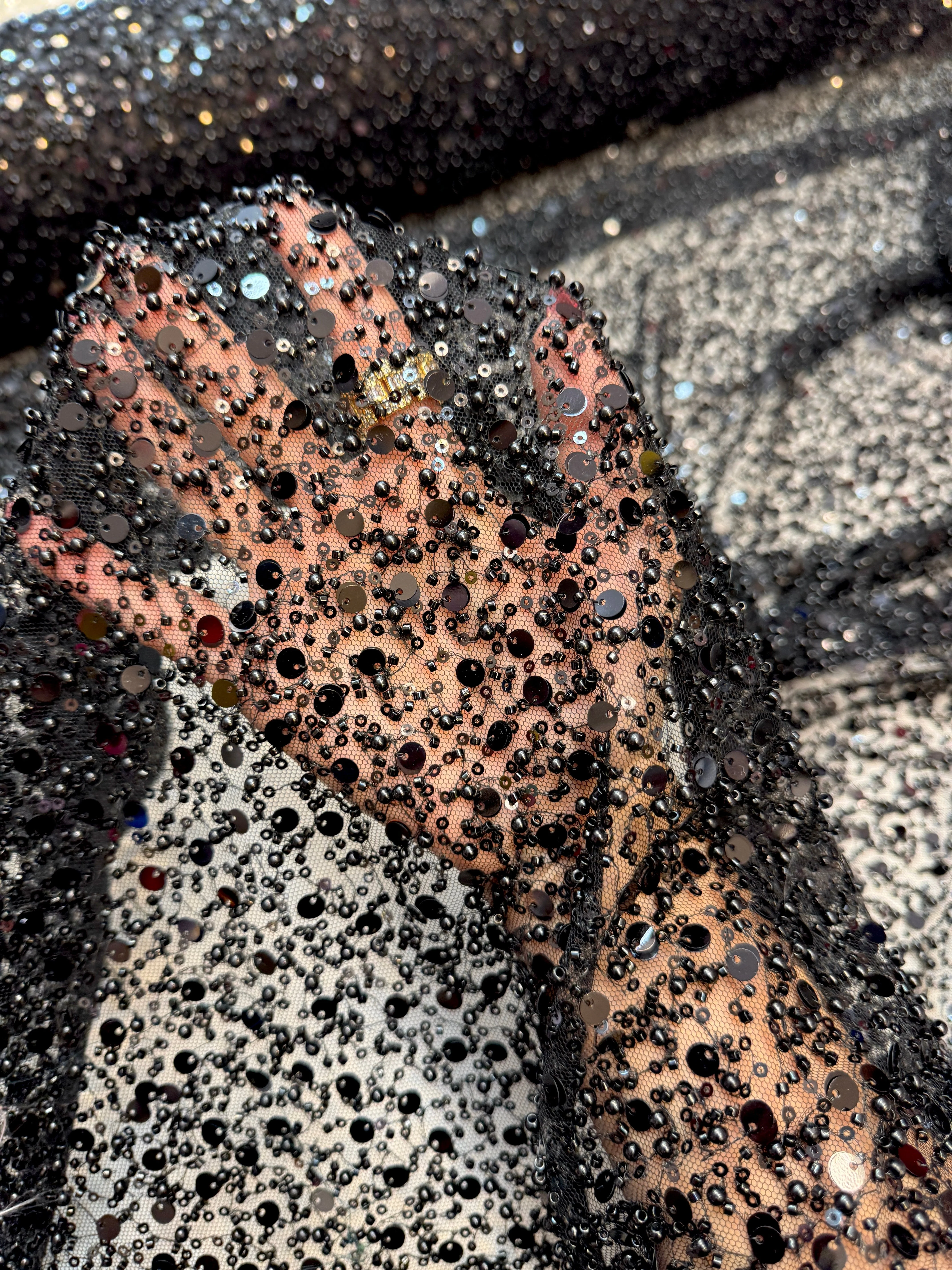 Black Beaded Sequin Pearl Embroidered Mesh Lace - Image 5