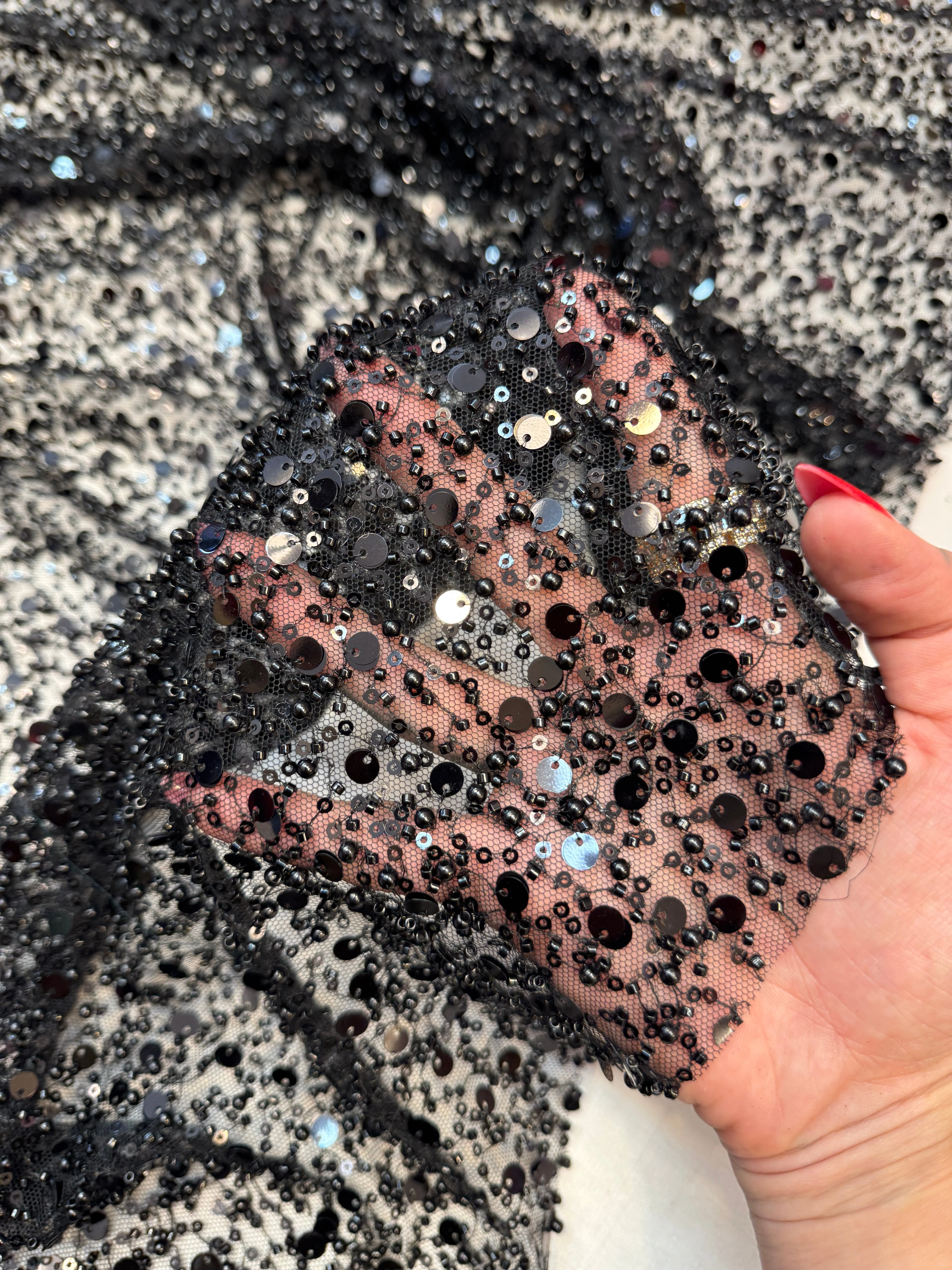 Black Beaded Sequin Pearl Embroidered Mesh Lace - Image 6