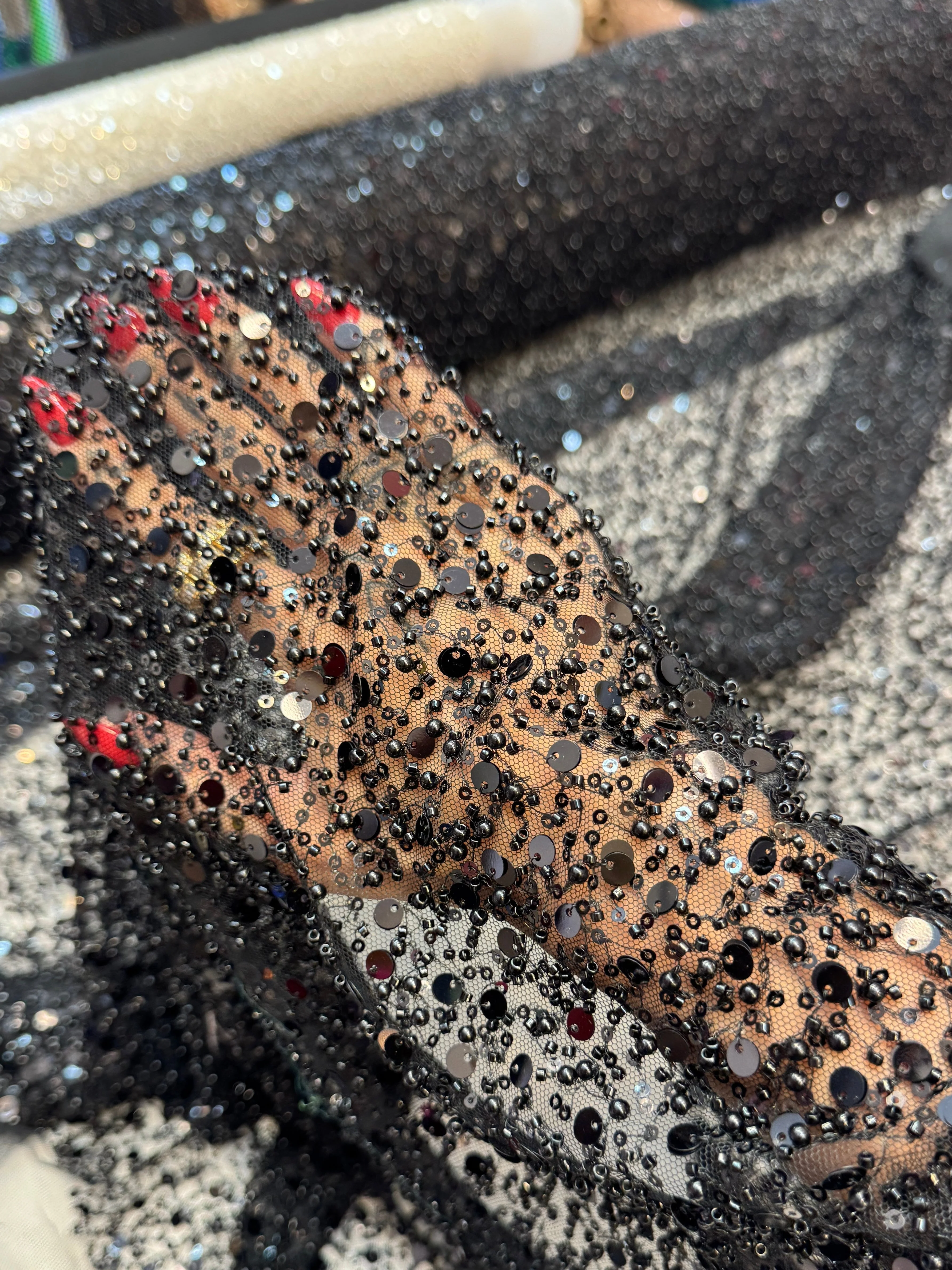 Black Beaded Sequin Pearl Embroidered Mesh Lace - Image 7