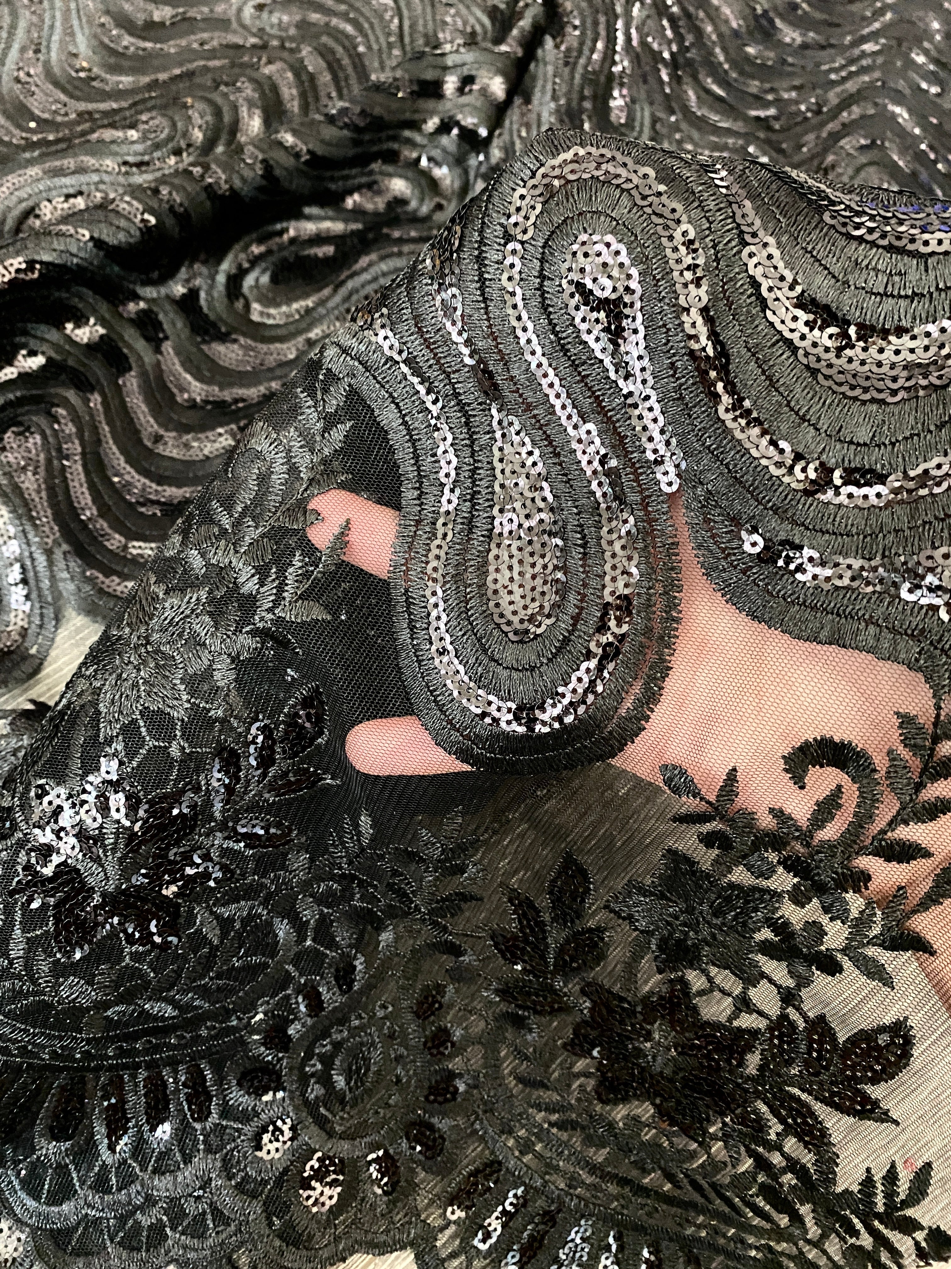 Black Embroidered Sequin Lace - Image 9