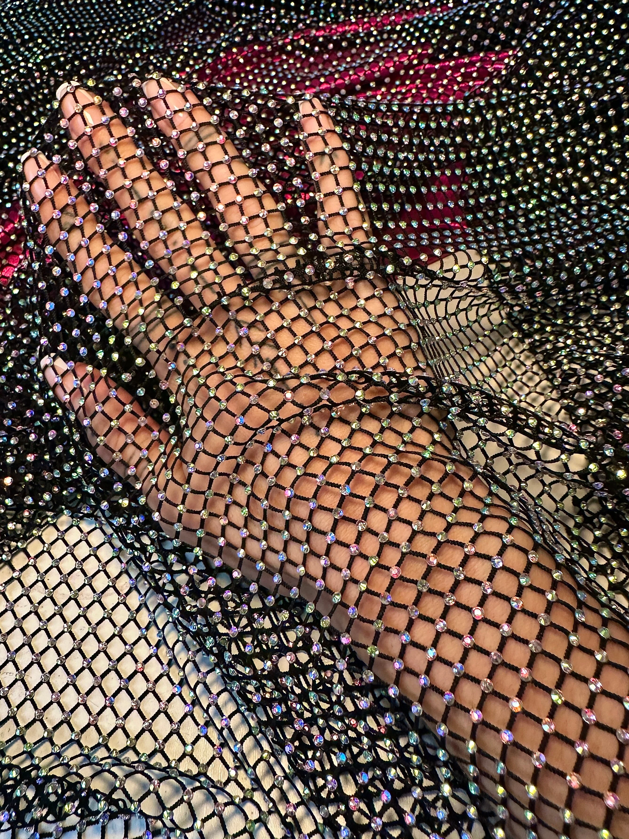 Black Rhinestone Diamond Fishnet Mesh - Image 3