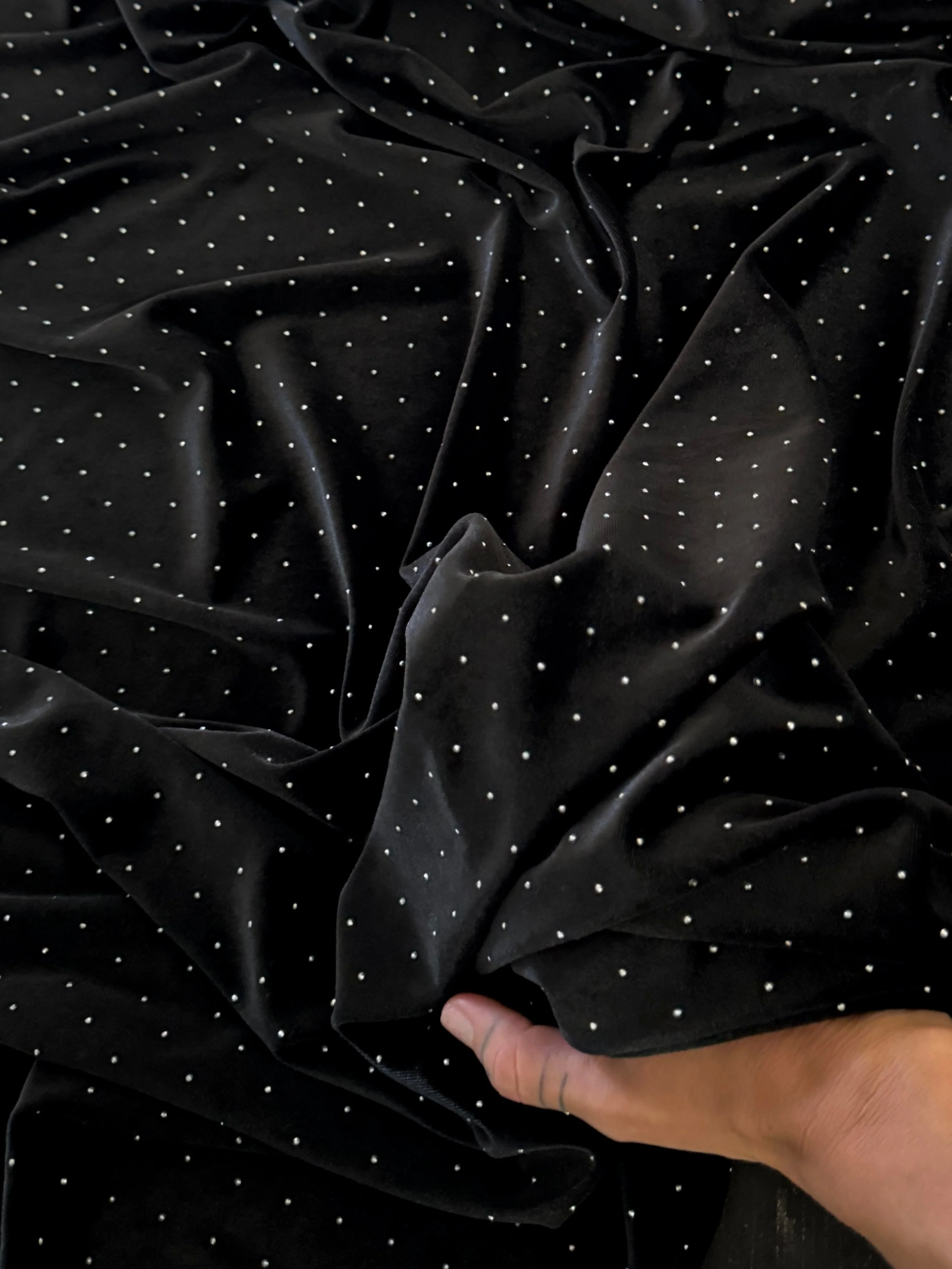 Black Stardust Rhinestone Beaded Stretch Velvet - Image 6