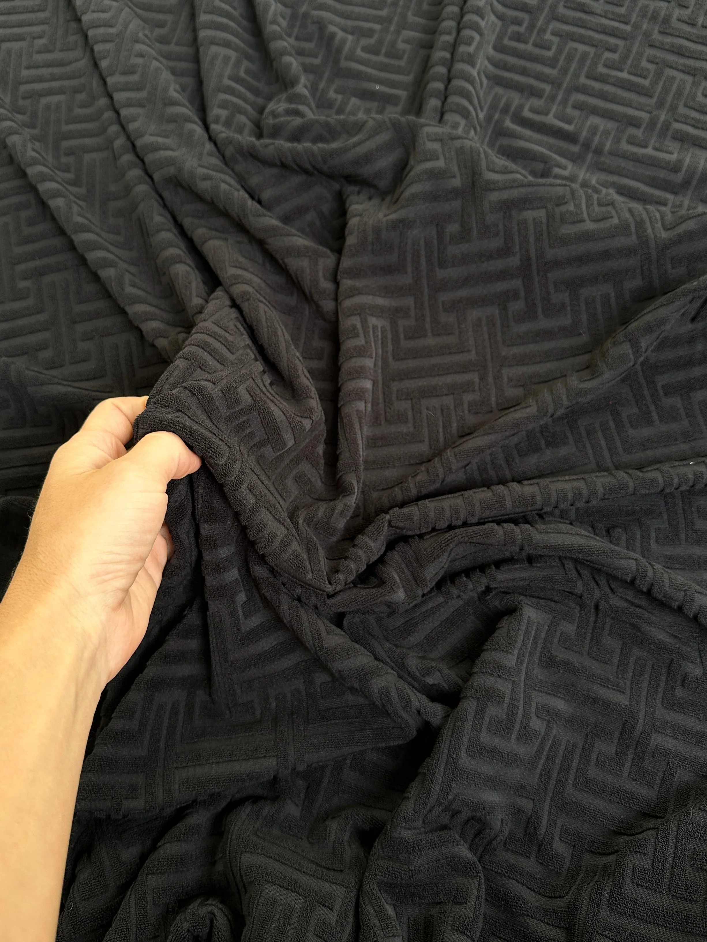 Black Textured Geometric Pattern Jersey Knit - Image 10