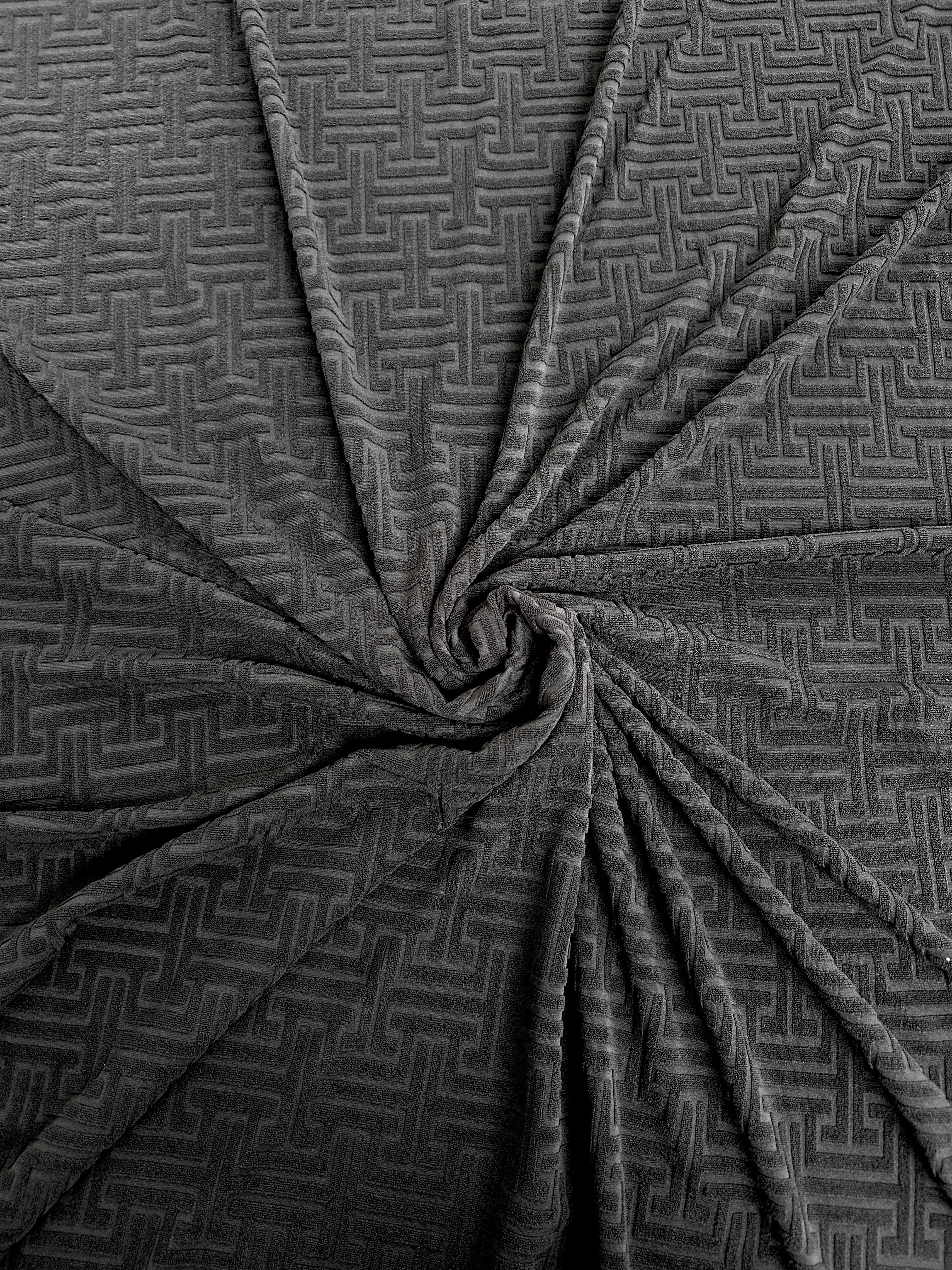 Black Textured Geometric Pattern Jersey Knit - Image 3