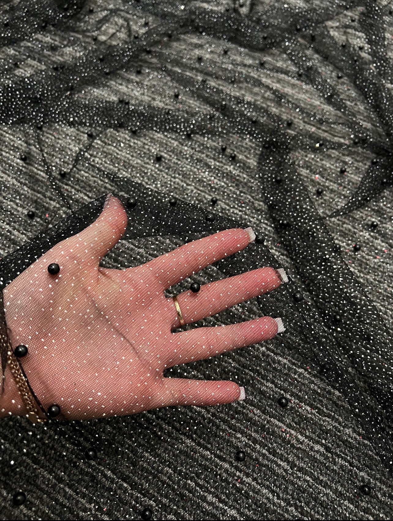 Black Pearl Beaded Glittery Mesh/Tulle - Image 3