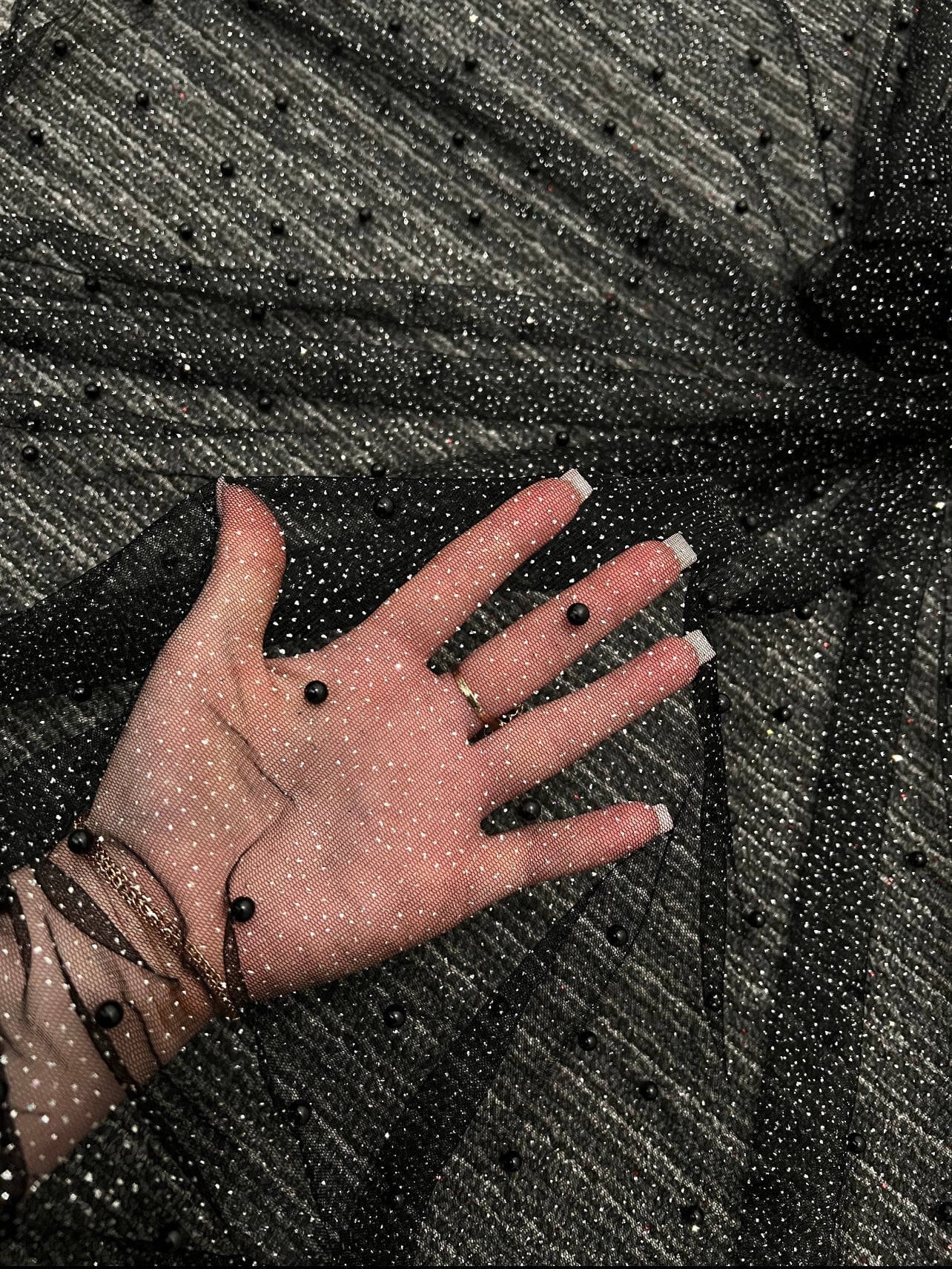 Black Pearl Beaded Glittery Mesh/Tulle - Image 5