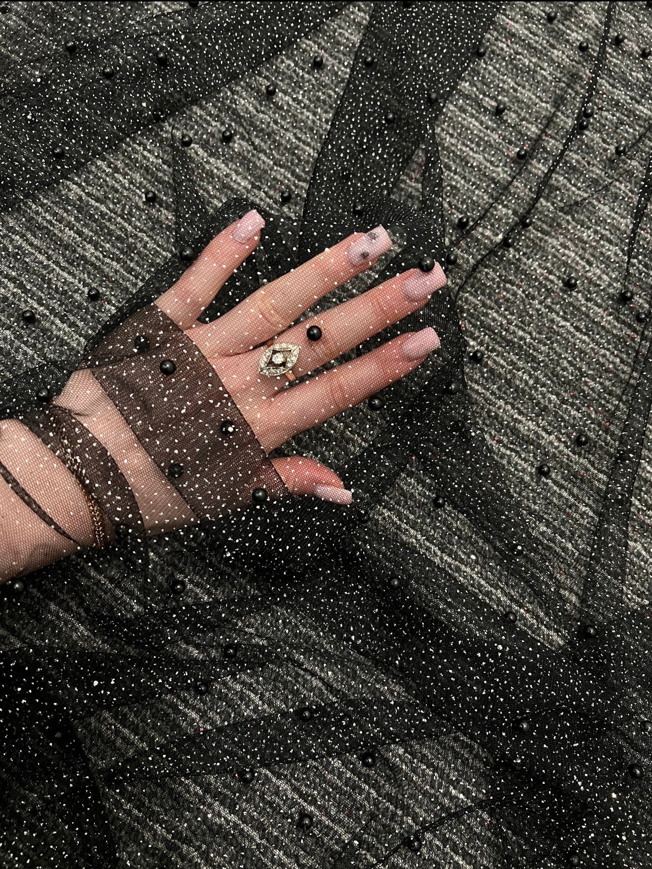 Black Pearl Beaded Glittery Mesh/Tulle - Image 9