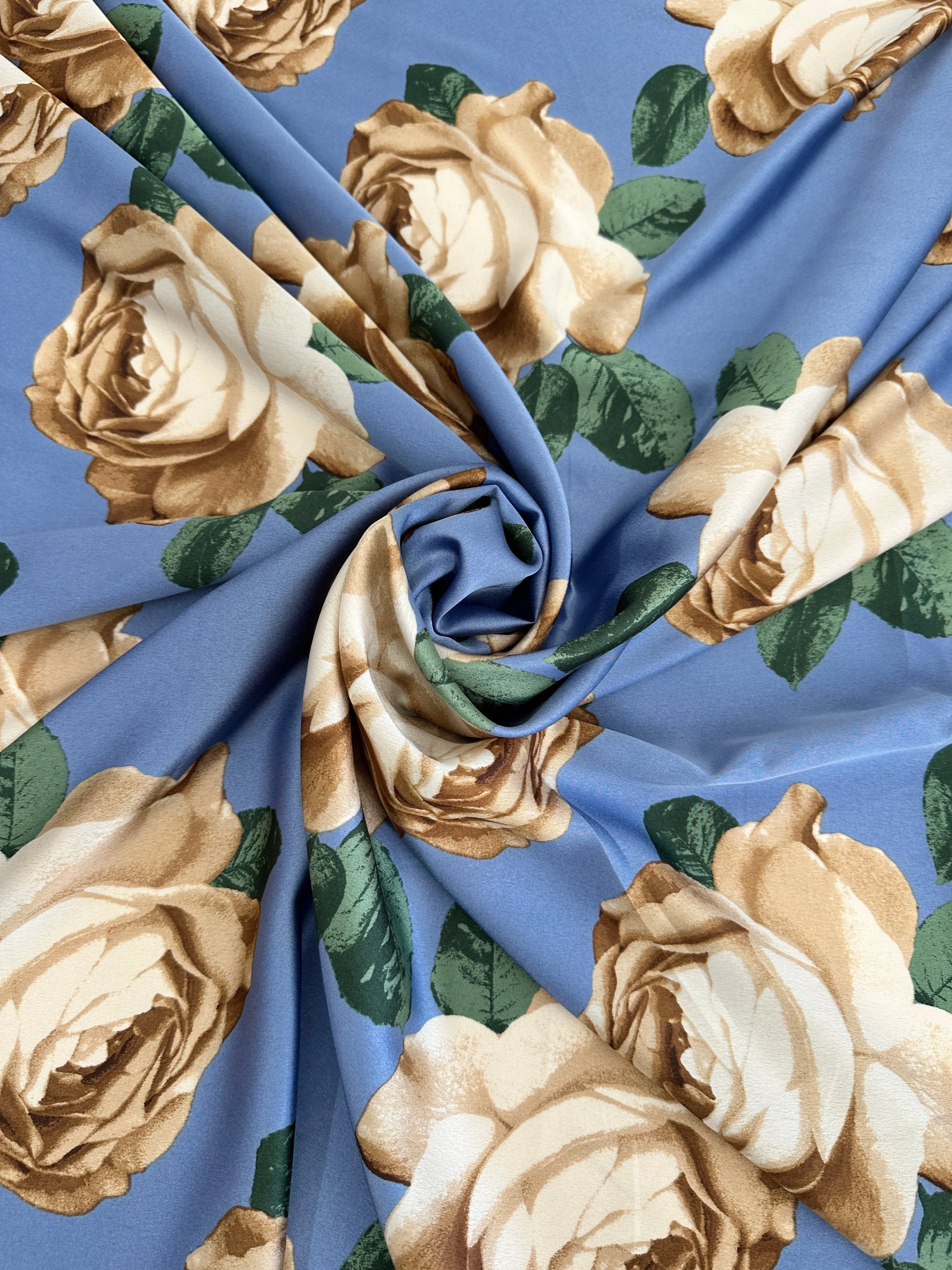 Blue/Gold Floral Print Satin
