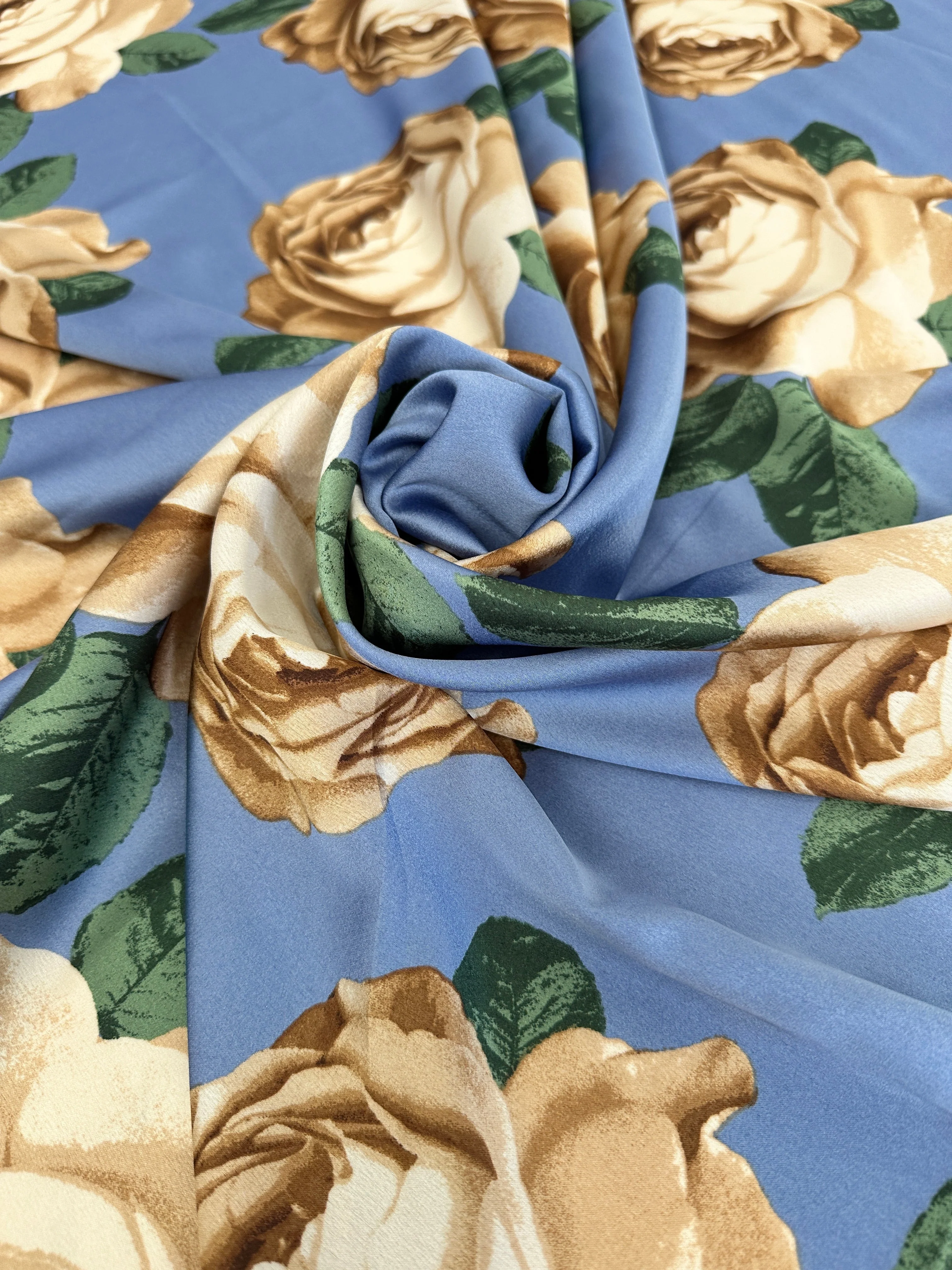 Blue/Gold Floral Print Satin - Image 4