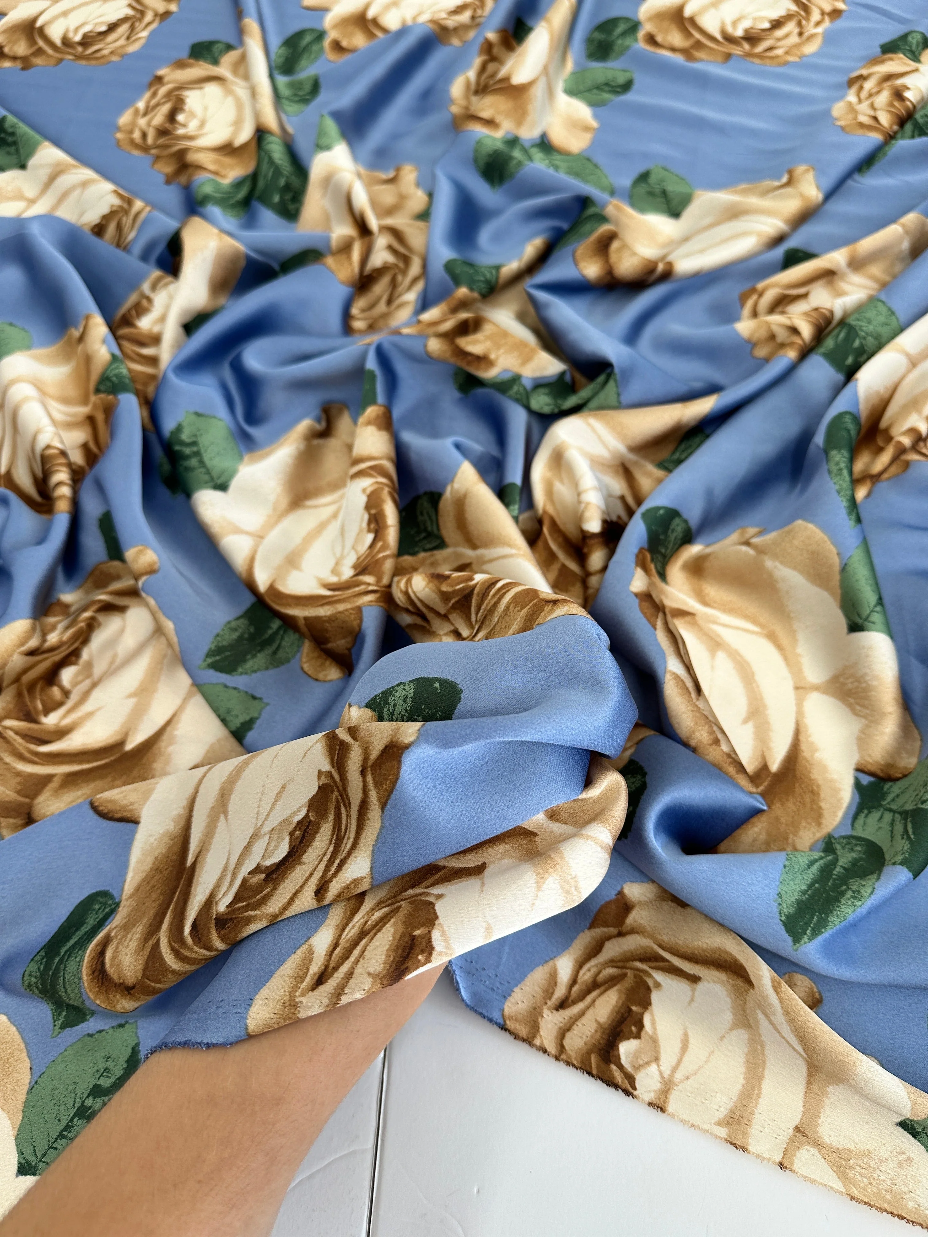 Blue/Gold Floral Print Satin - Image 5