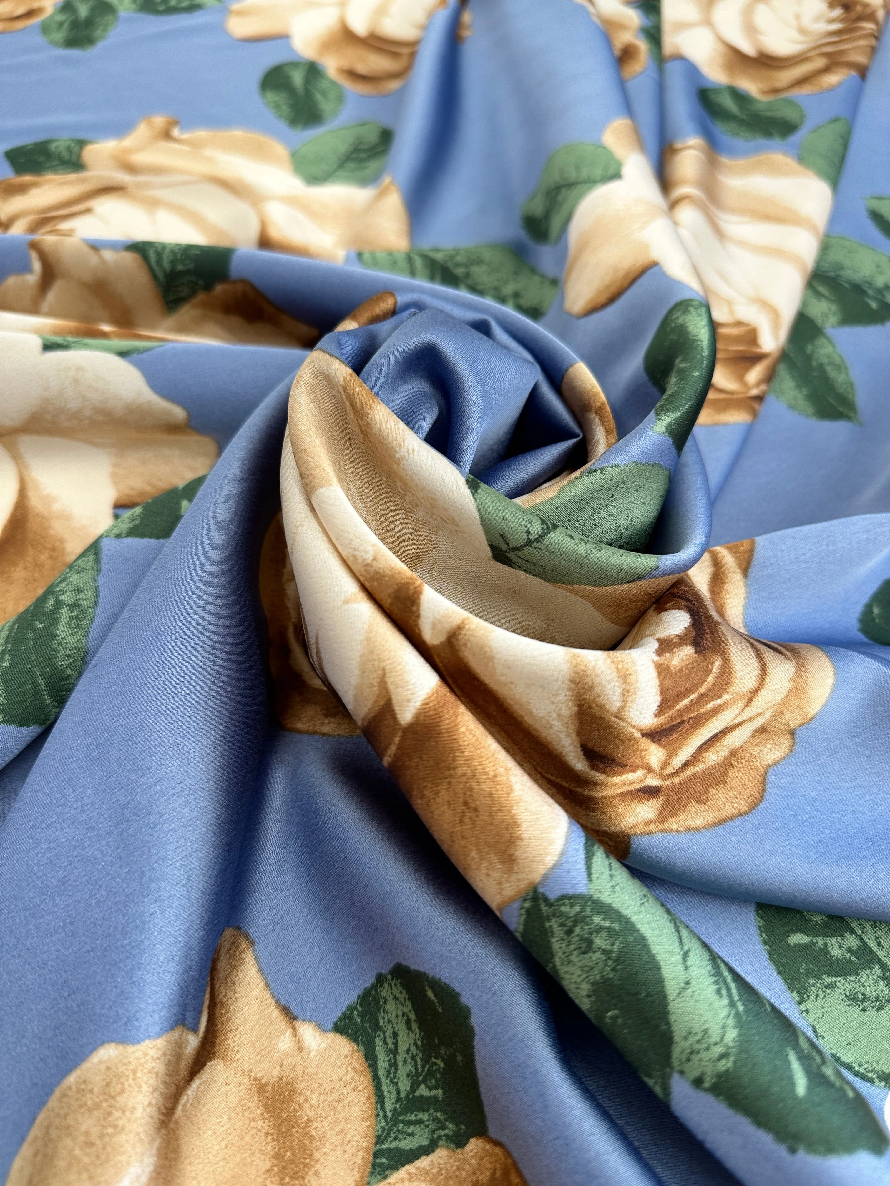 Blue/Gold Floral Print Satin - Image 6