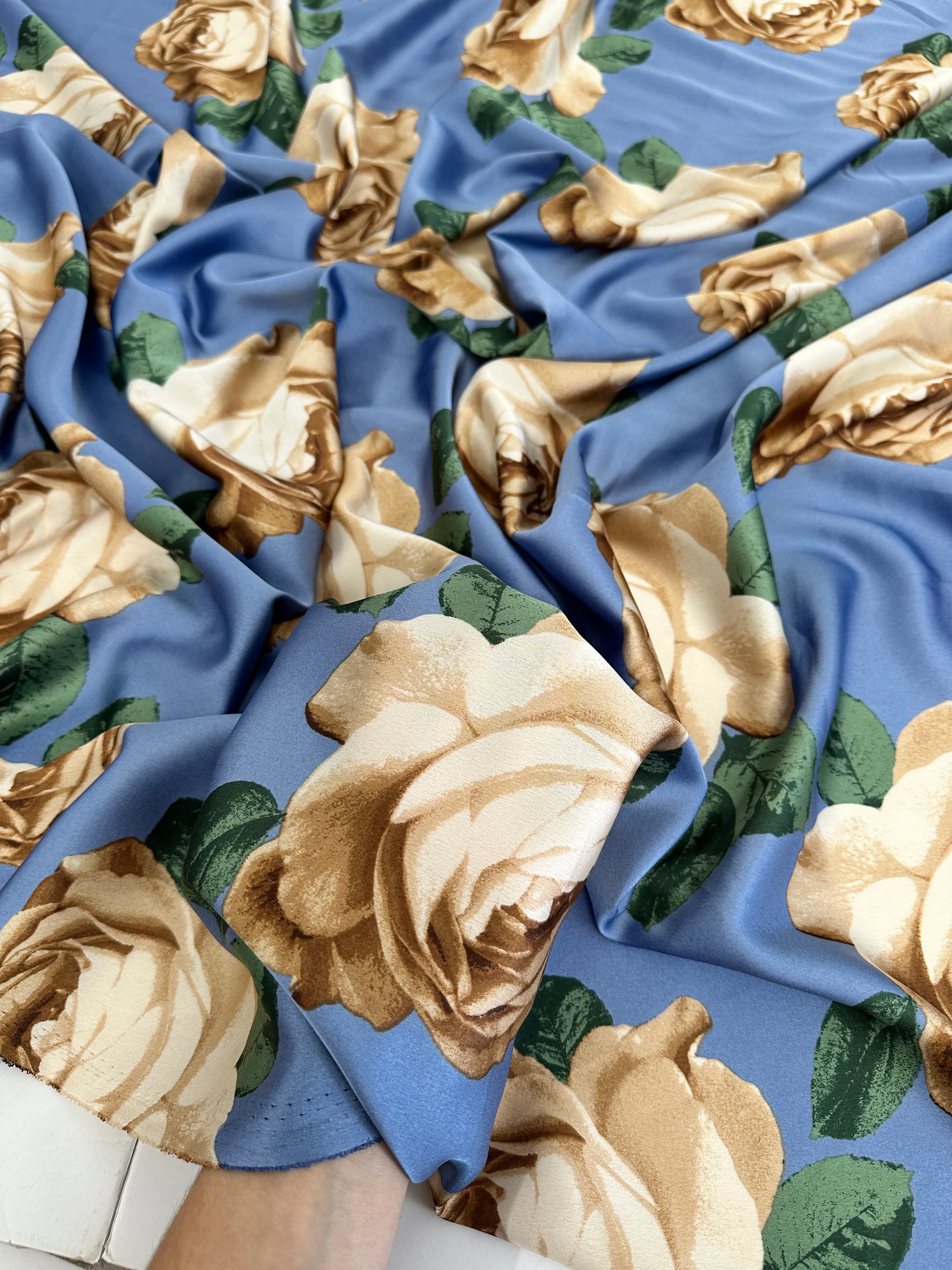 Blue/Gold Floral Print Satin - Image 8