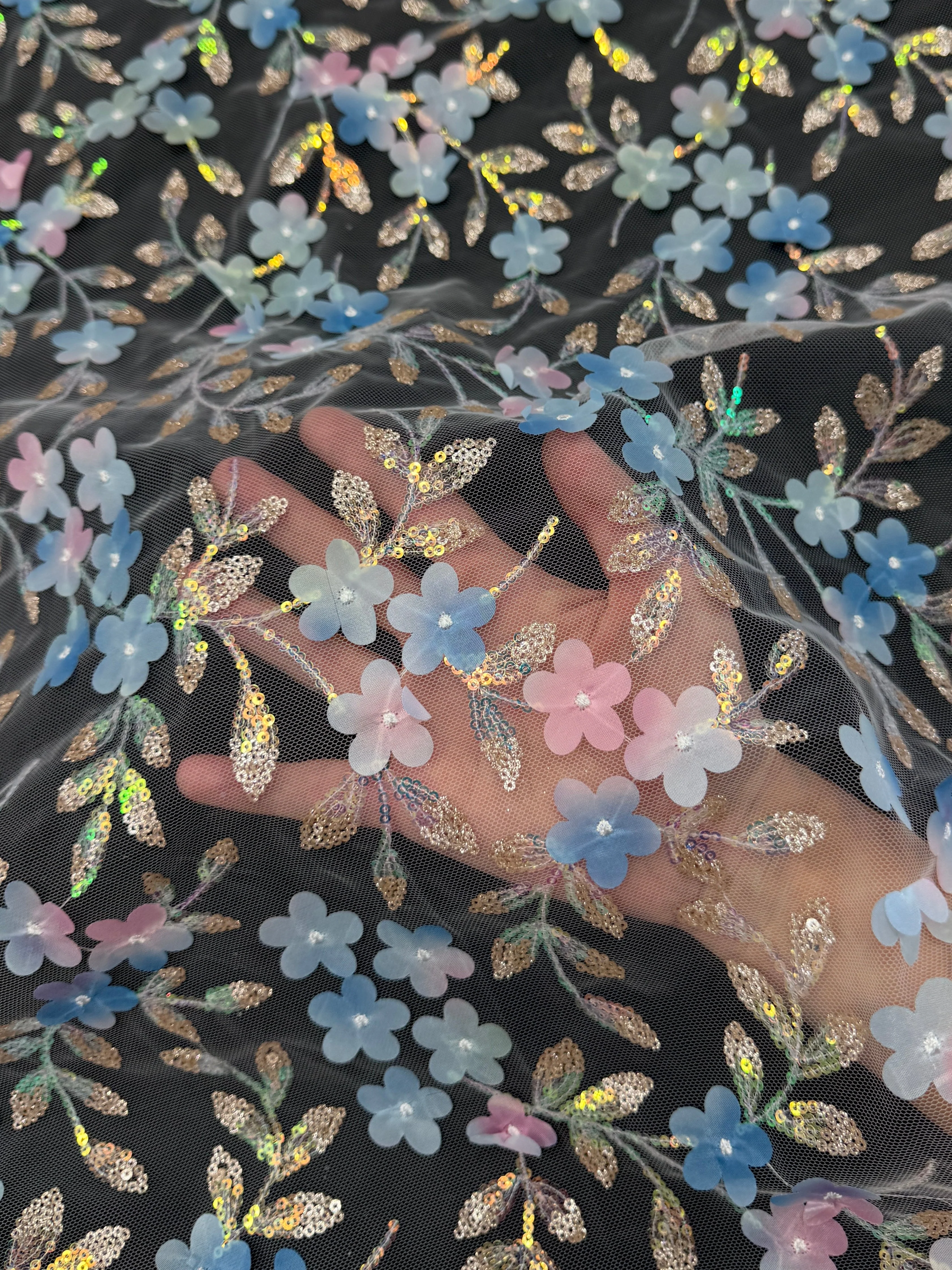Blue Multicolor 3D Floral Embroidered Tulle
