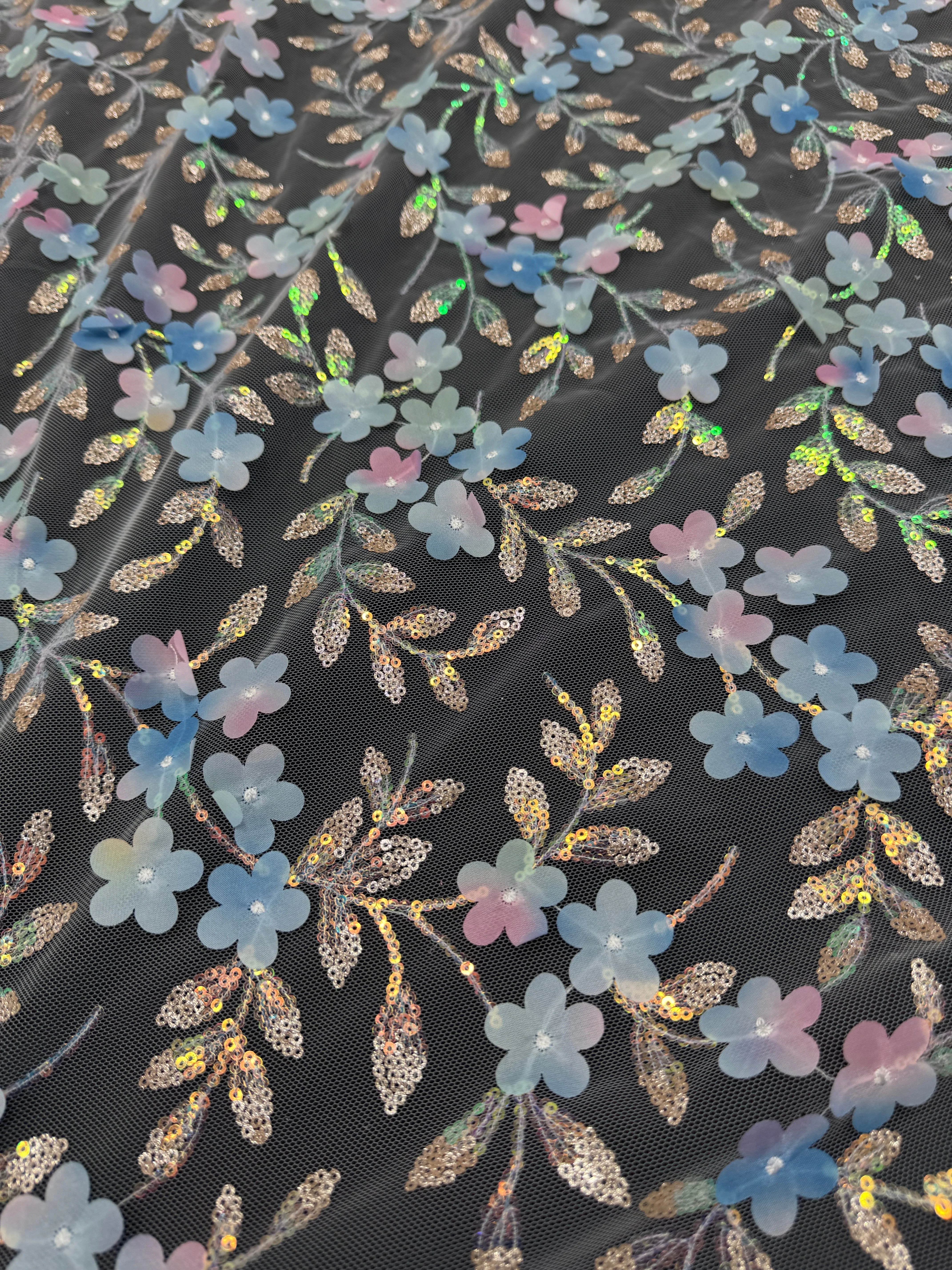 Blue Multicolor 3D Floral Embroidered Tulle - Image 2