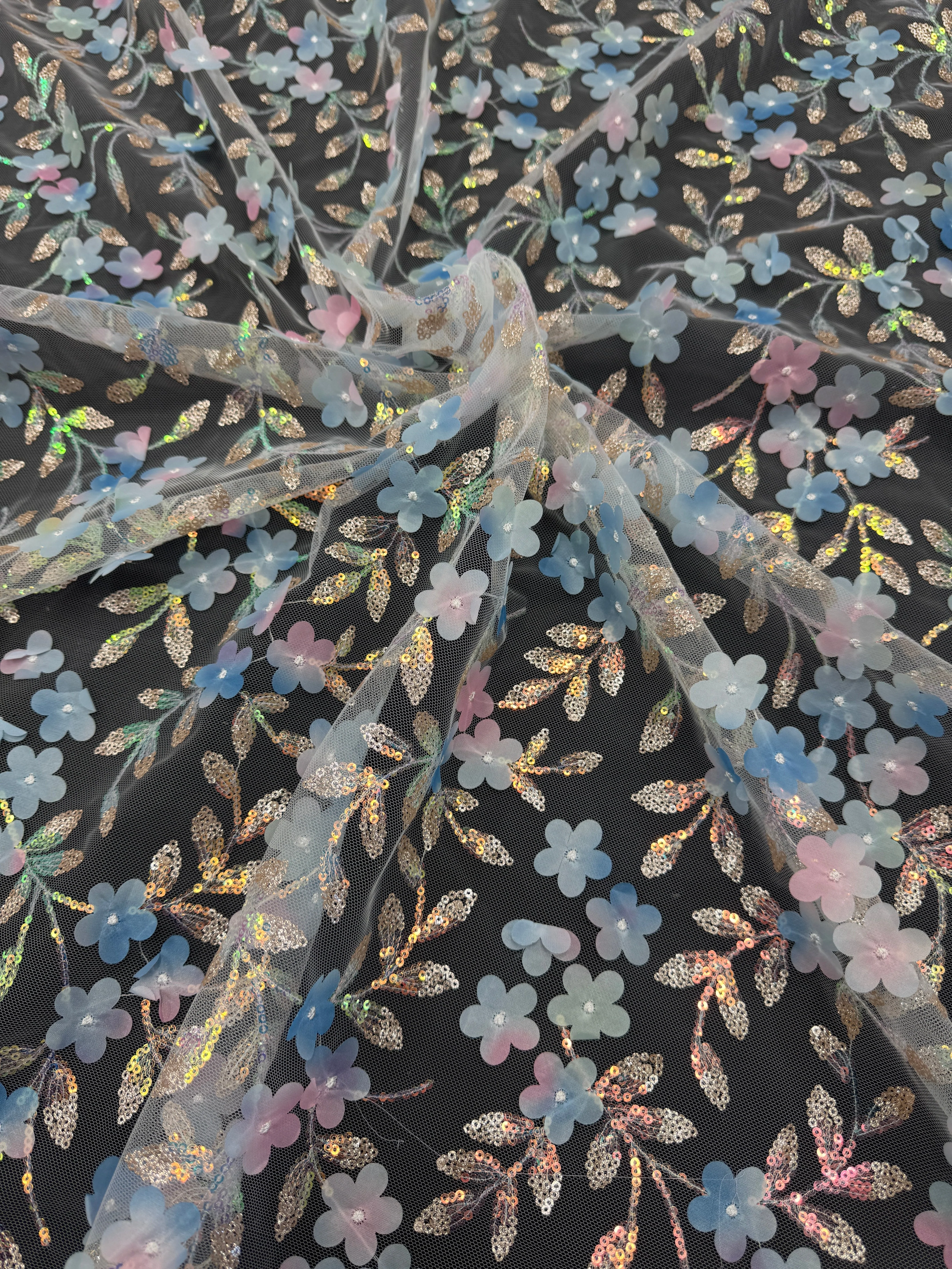 Blue Multicolor 3D Floral Embroidered Tulle - Image 3