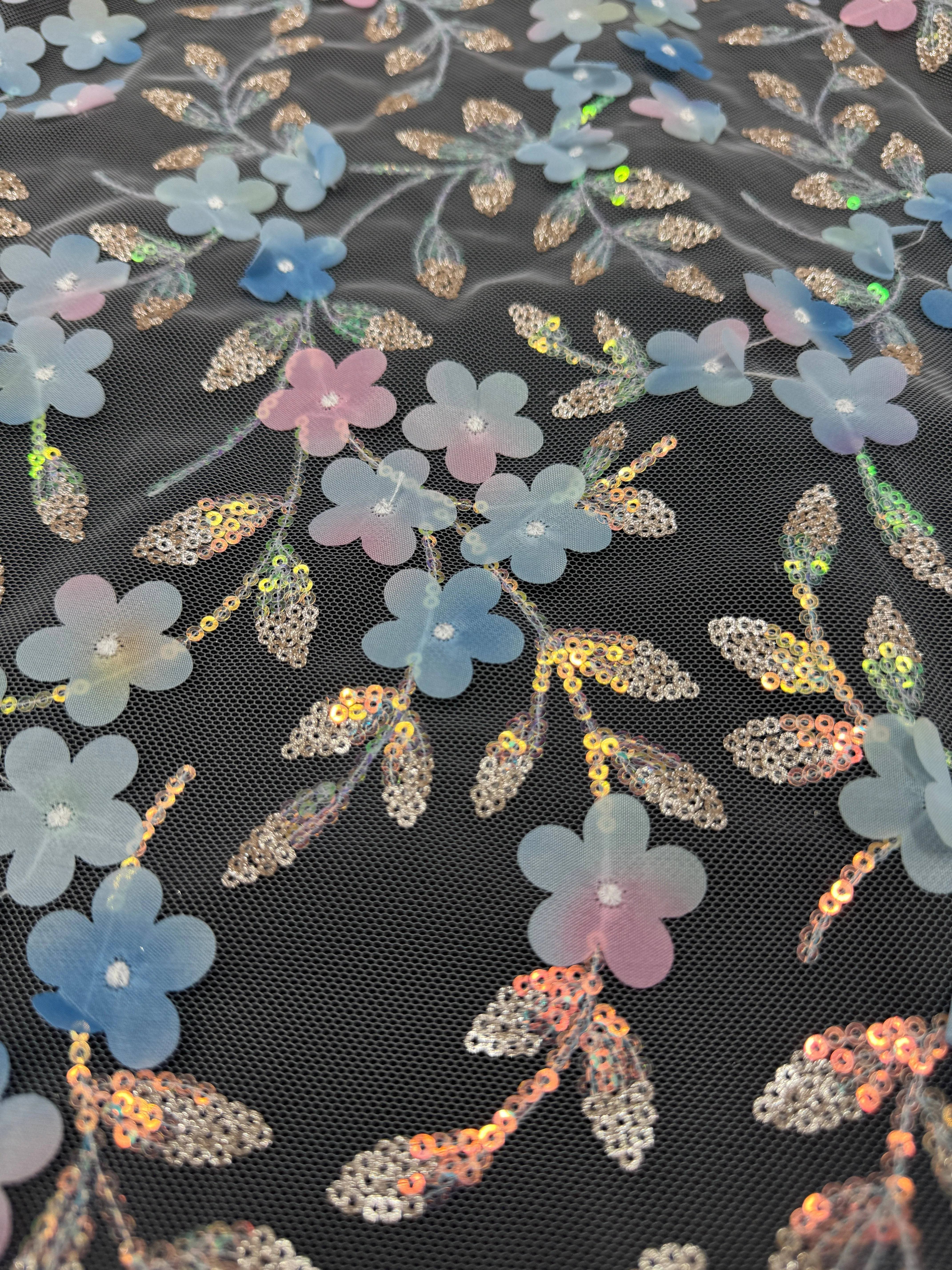 Blue Multicolor 3D Floral Embroidered Tulle - Image 4