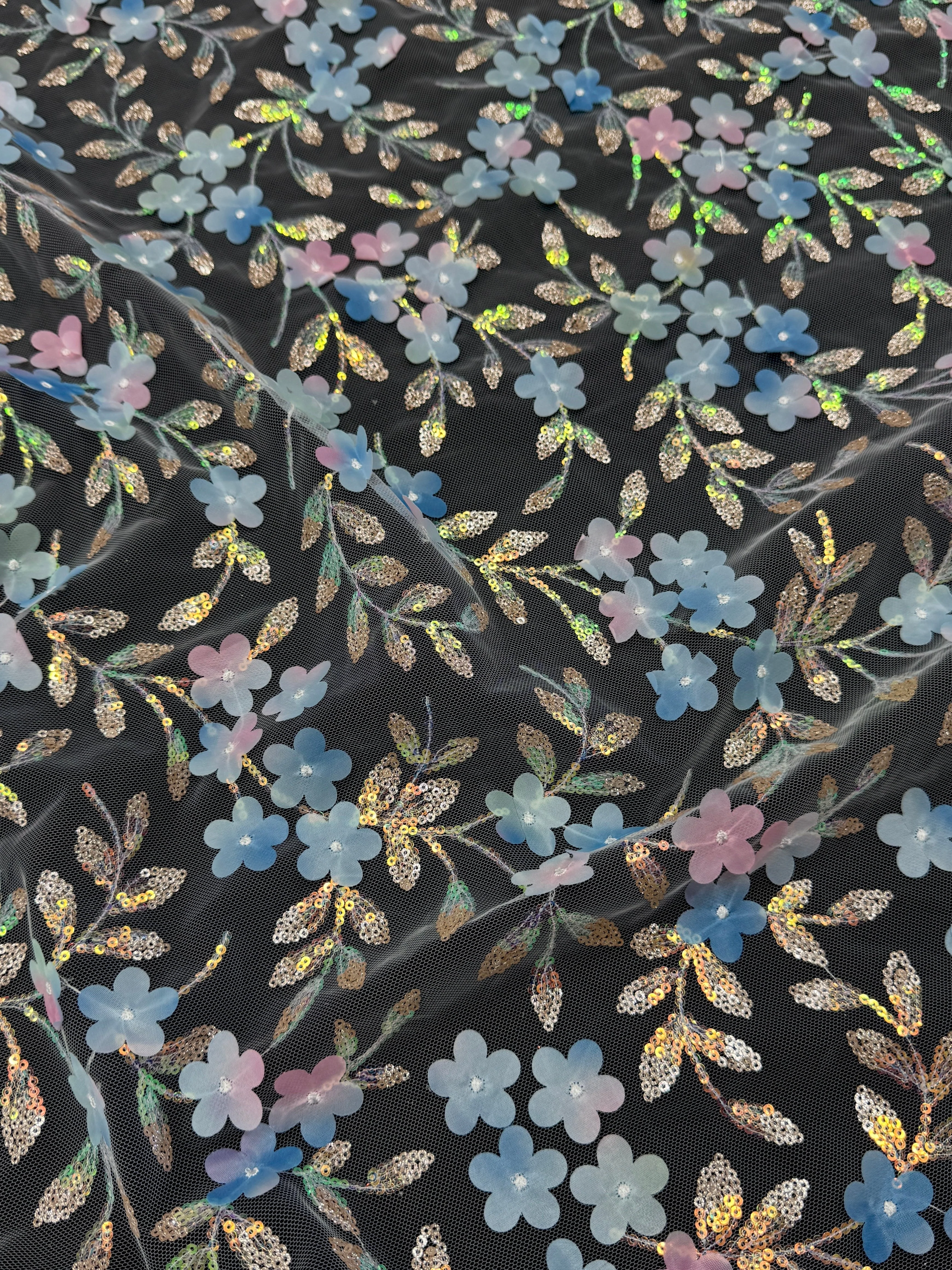 Blue Multicolor 3D Floral Embroidered Tulle - Image 5