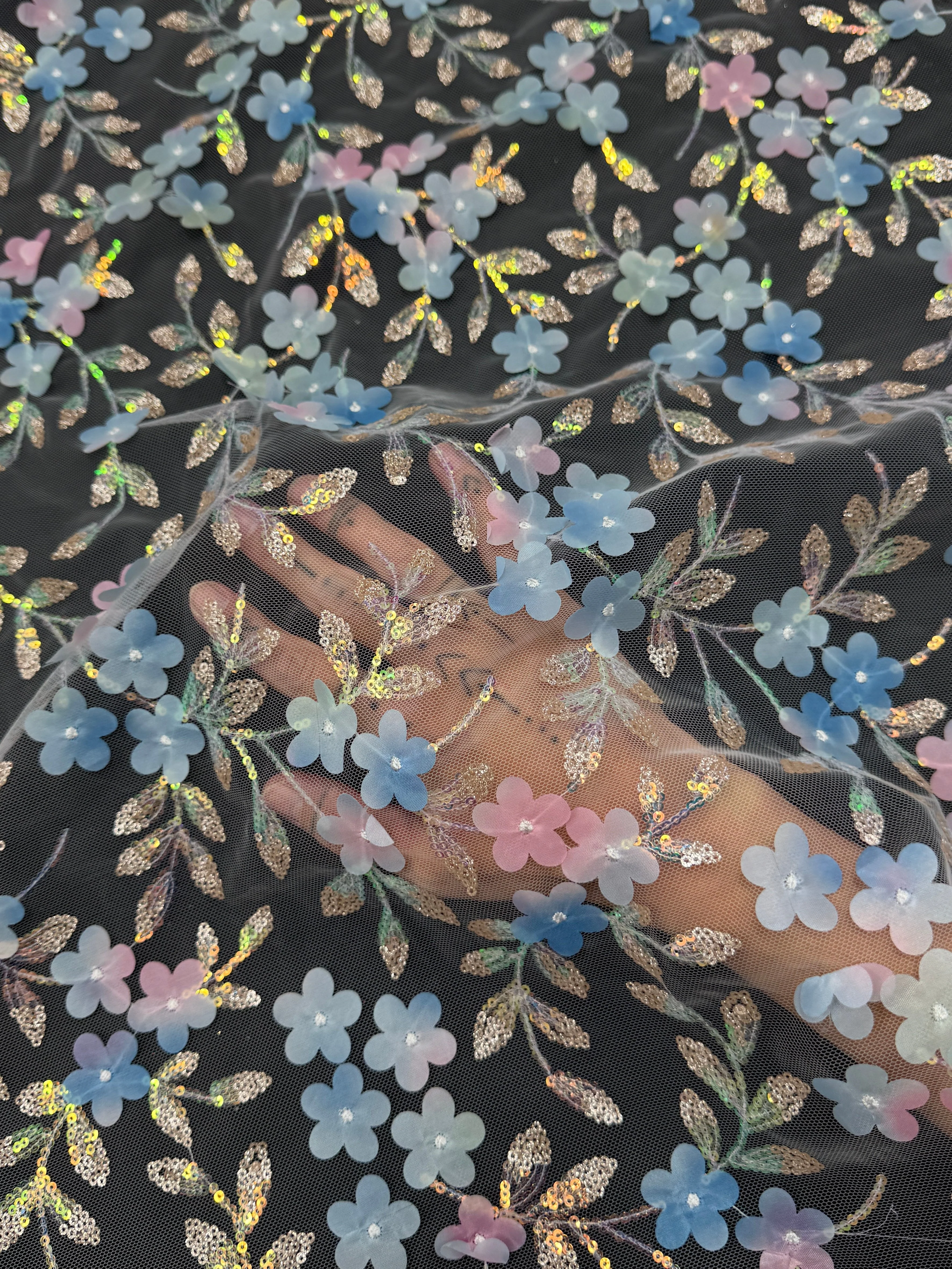 Blue Multicolor 3D Floral Embroidered Tulle - Image 6