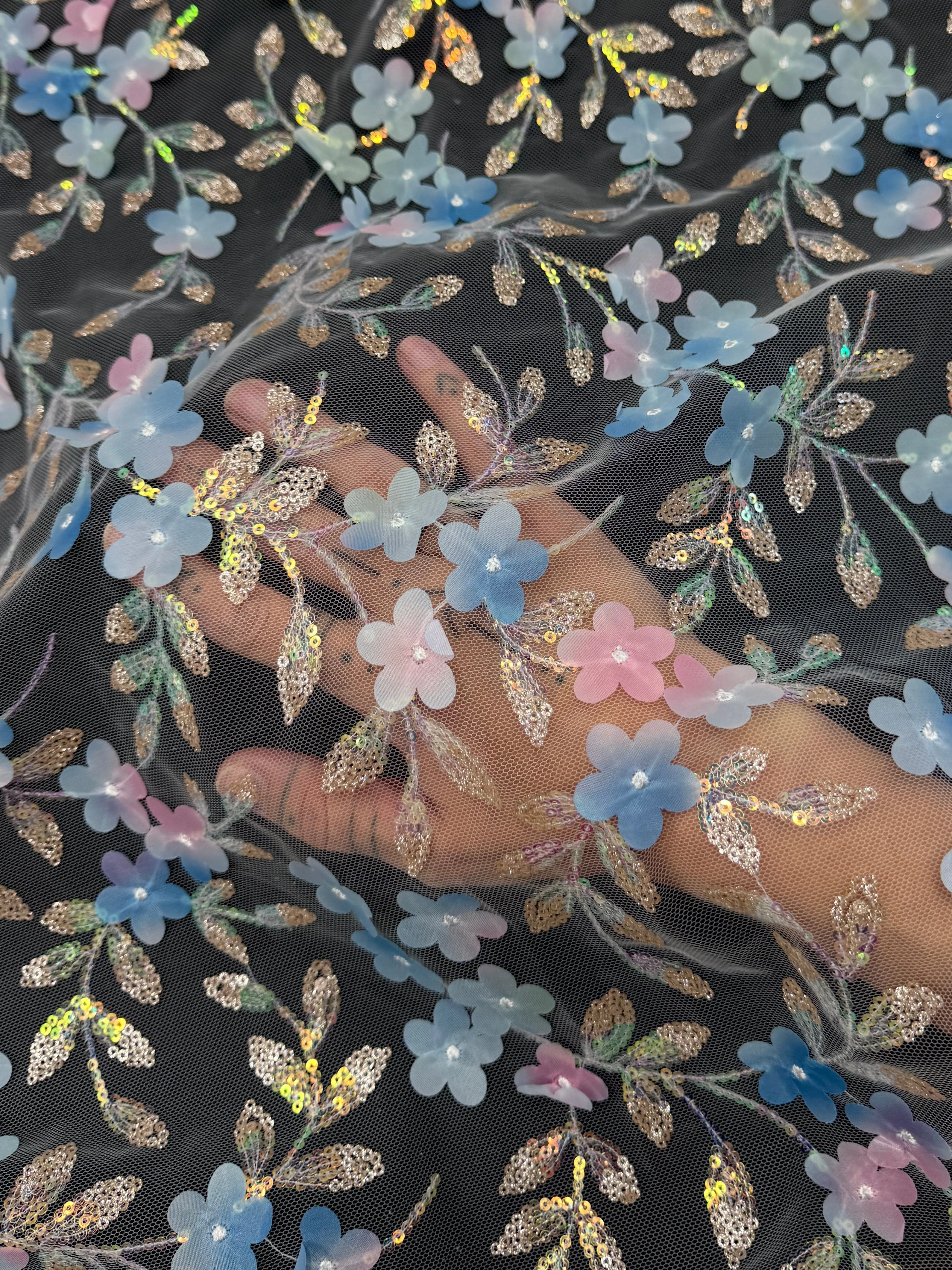 Blue Multicolor 3D Floral Embroidered Tulle - Image 7