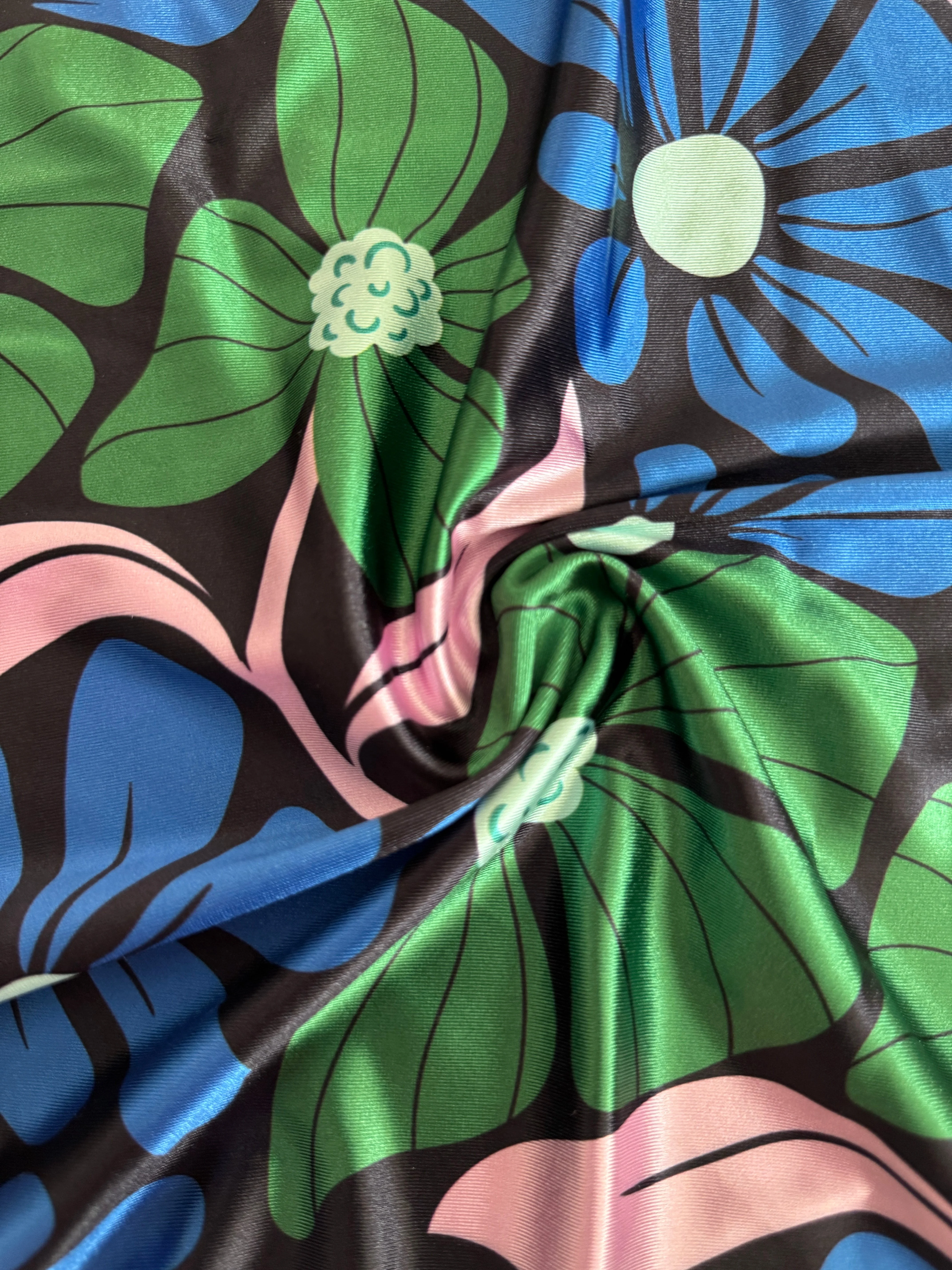 Blue Retro Blossom Flowers Nylon Spandex - Image 3