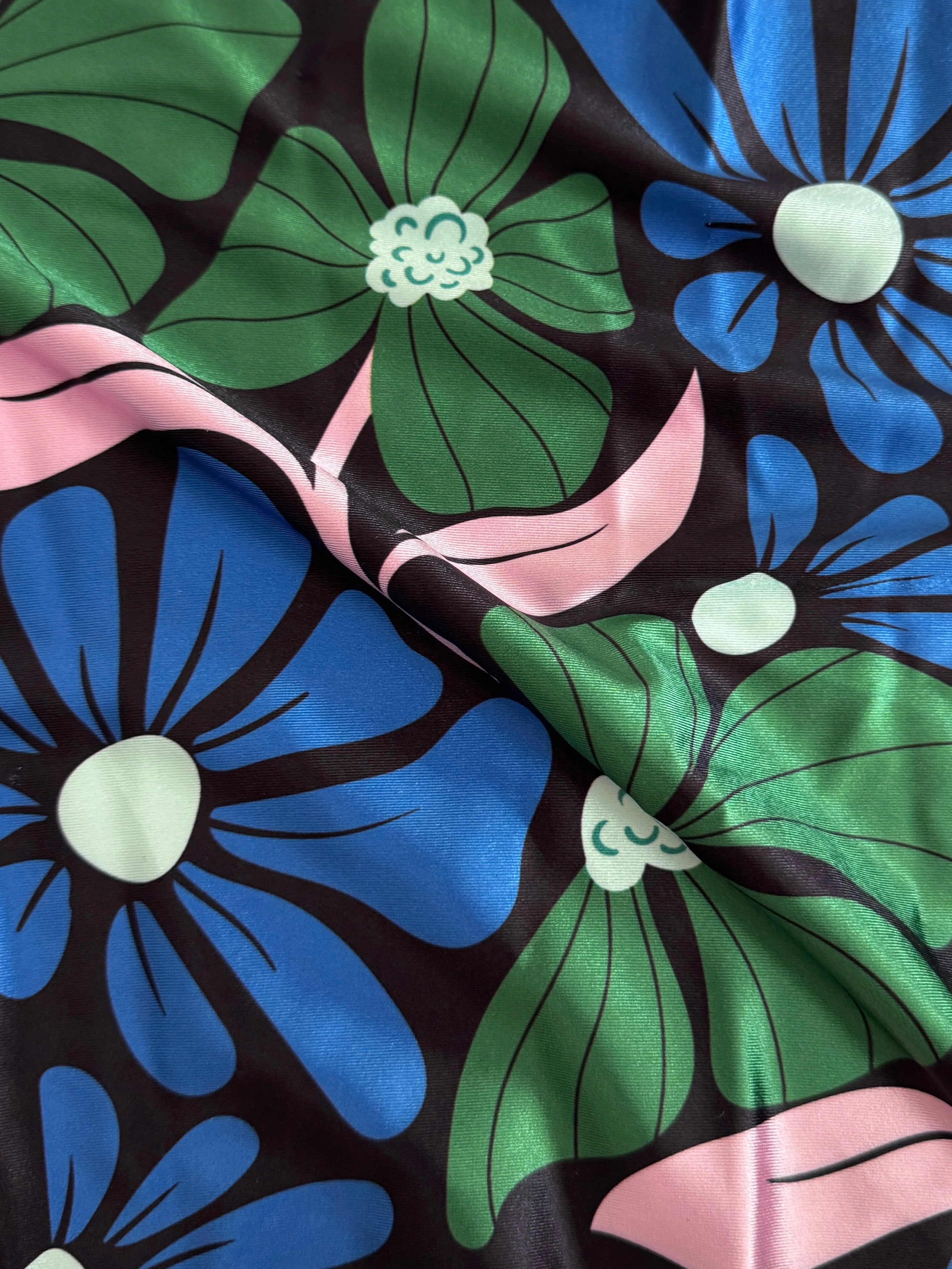 Blue Retro Blossom Flowers Nylon Spandex - Image 4