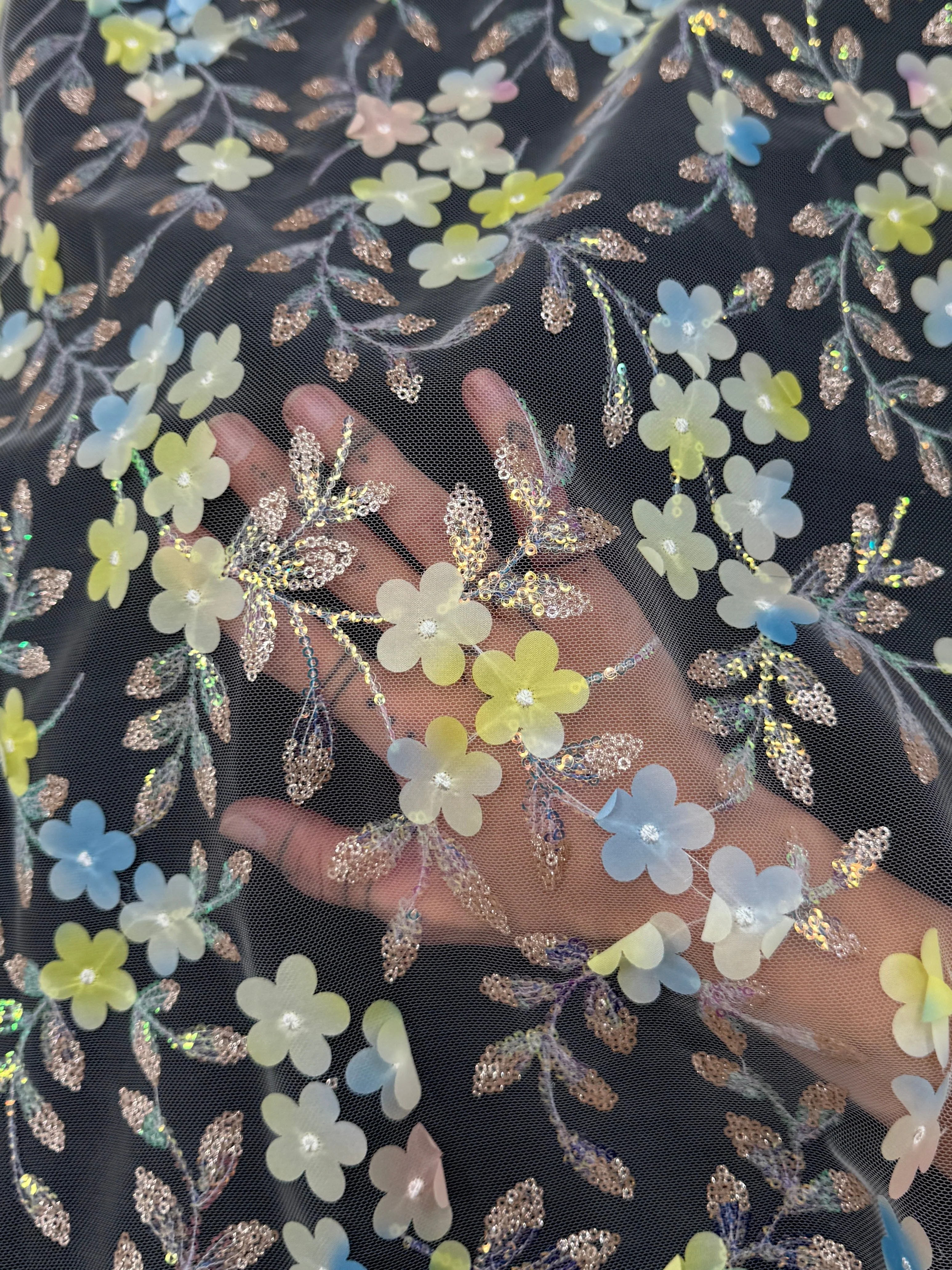 Blue Yellow Multicolor 3D Floral Embroidered Tulle
