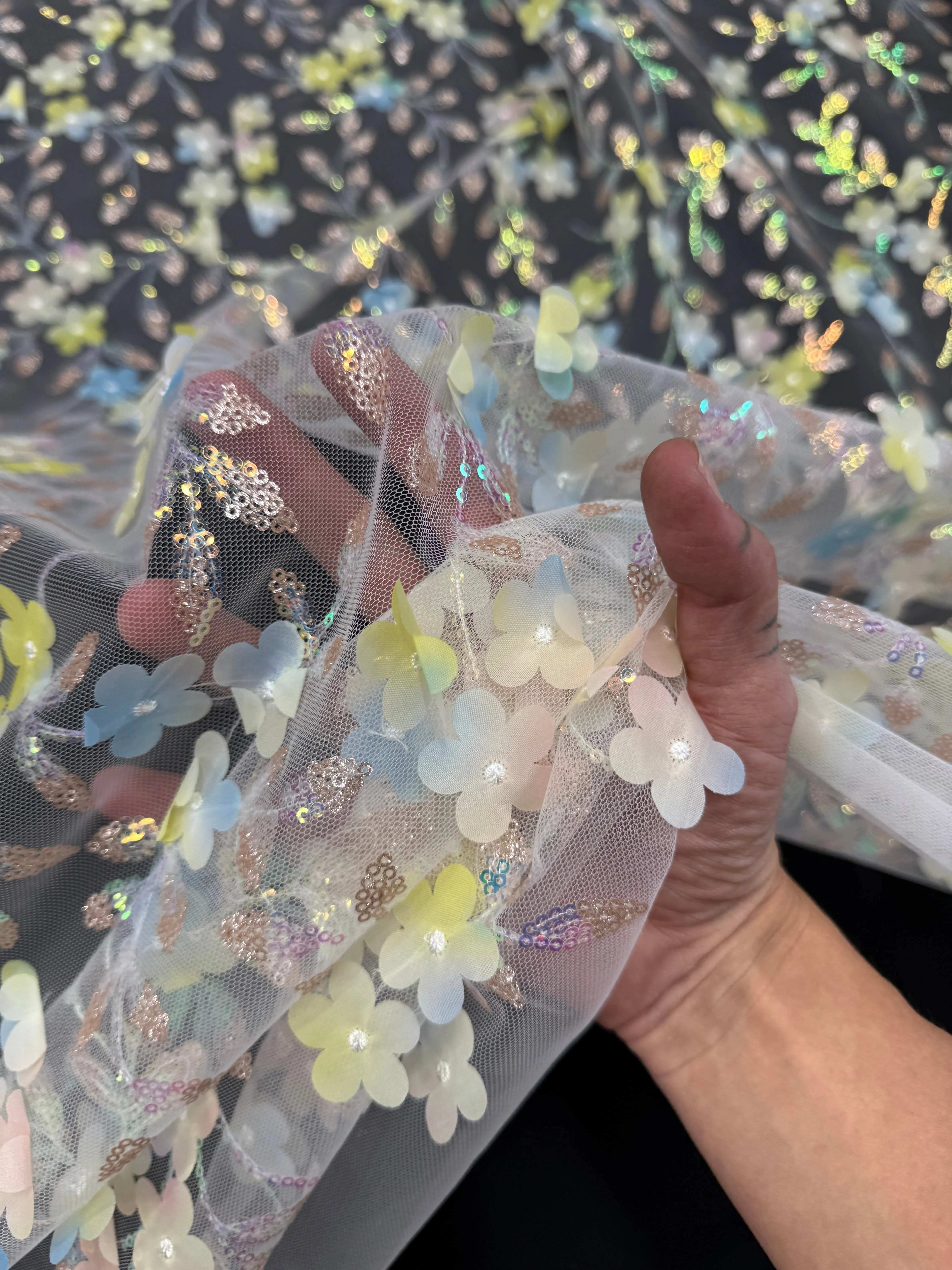 Blue Yellow Multicolor 3D Floral Embroidered Tulle - Image 2