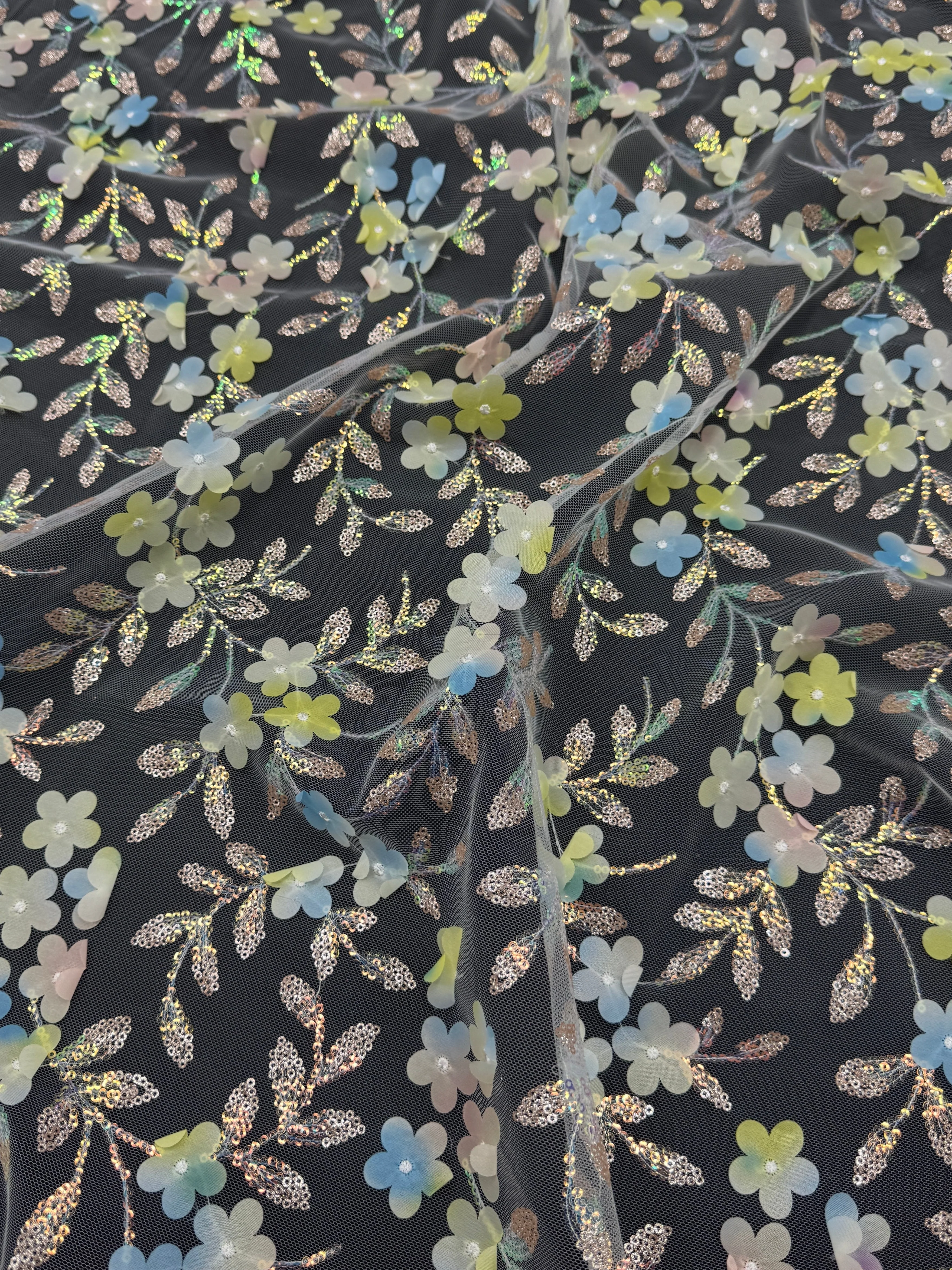 Blue Yellow Multicolor 3D Floral Embroidered Tulle - Image 3
