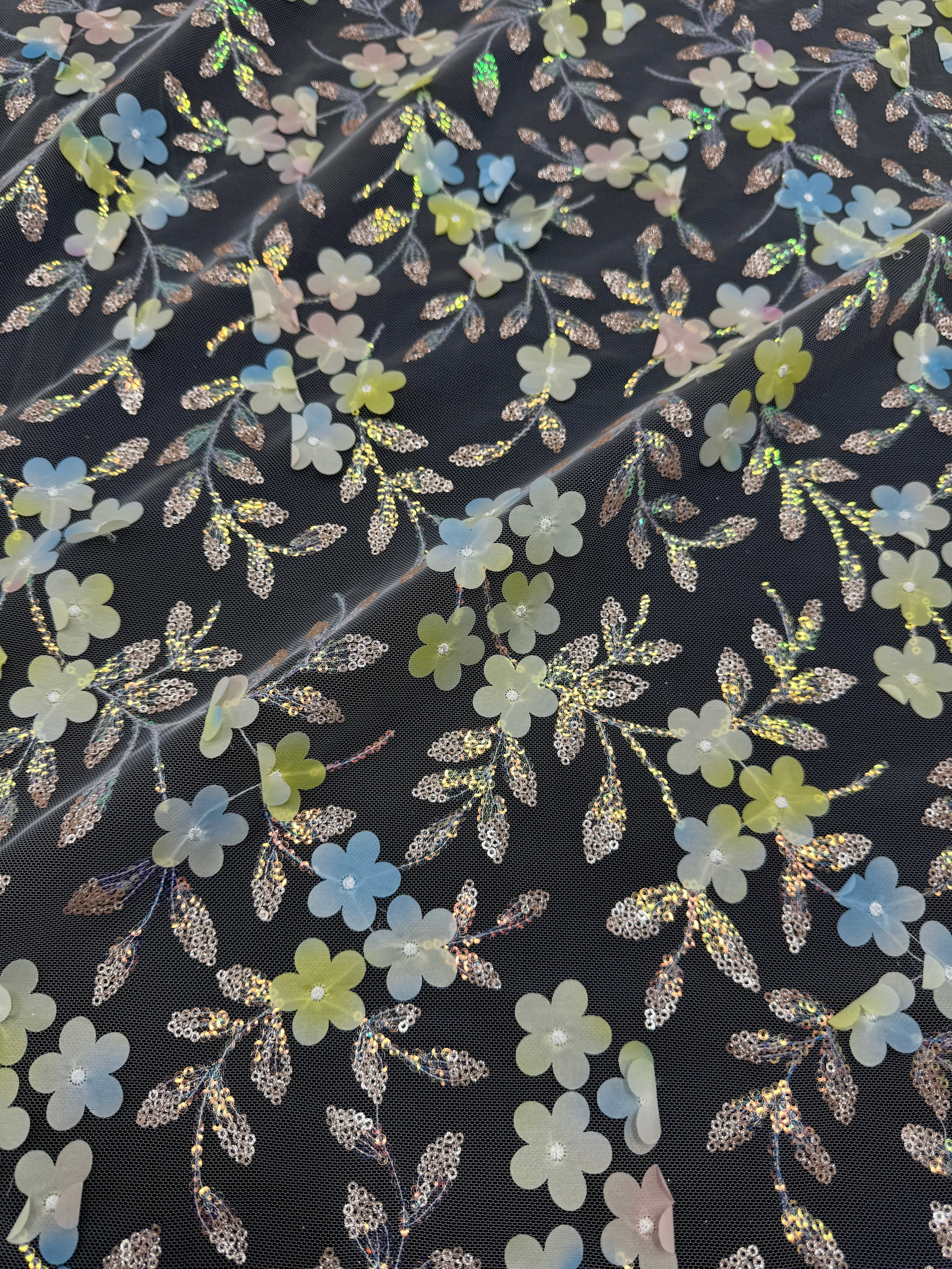 Blue Yellow Multicolor 3D Floral Embroidered Tulle - Image 4