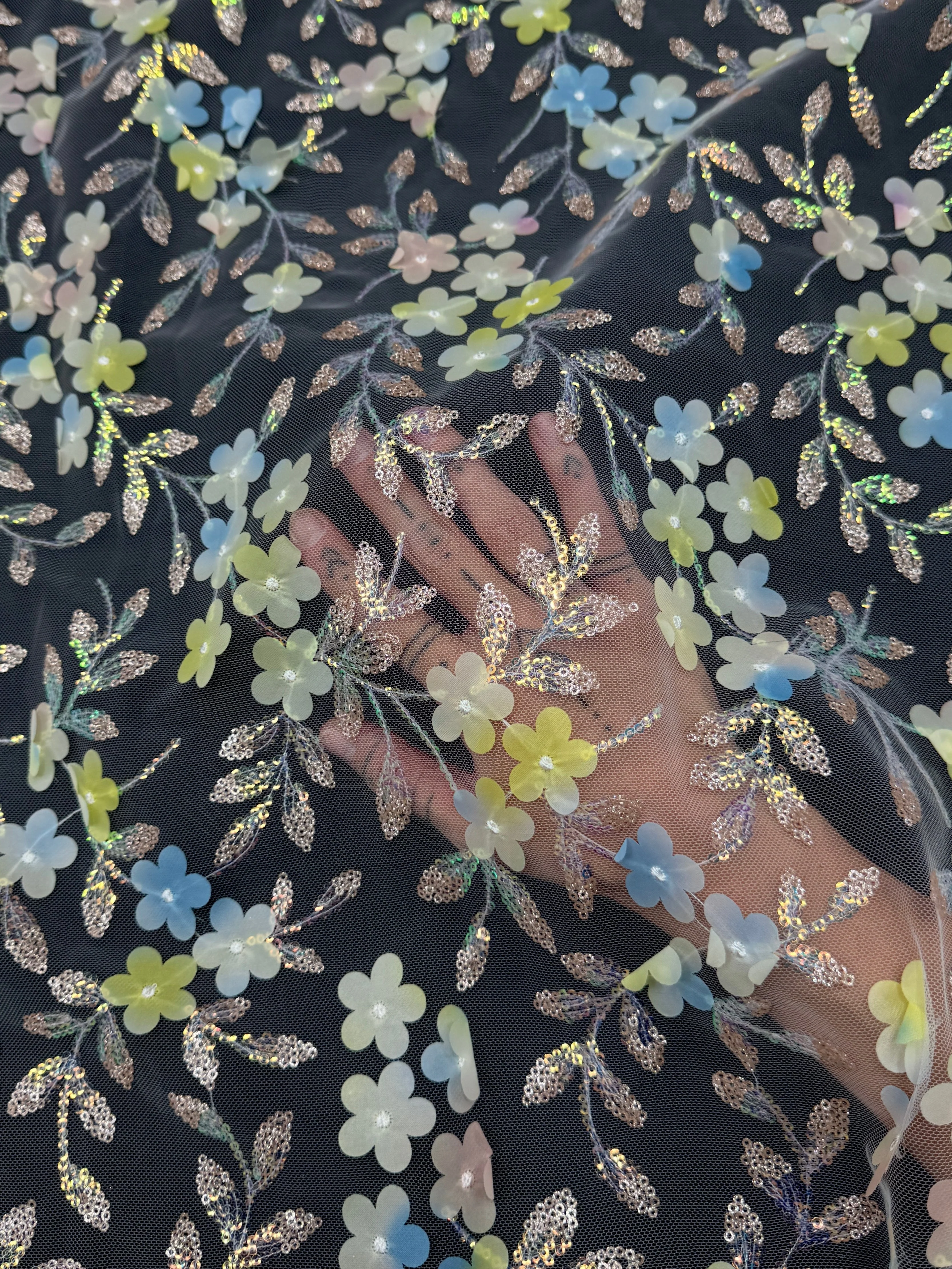 Blue Yellow Multicolor 3D Floral Embroidered Tulle - Image 5