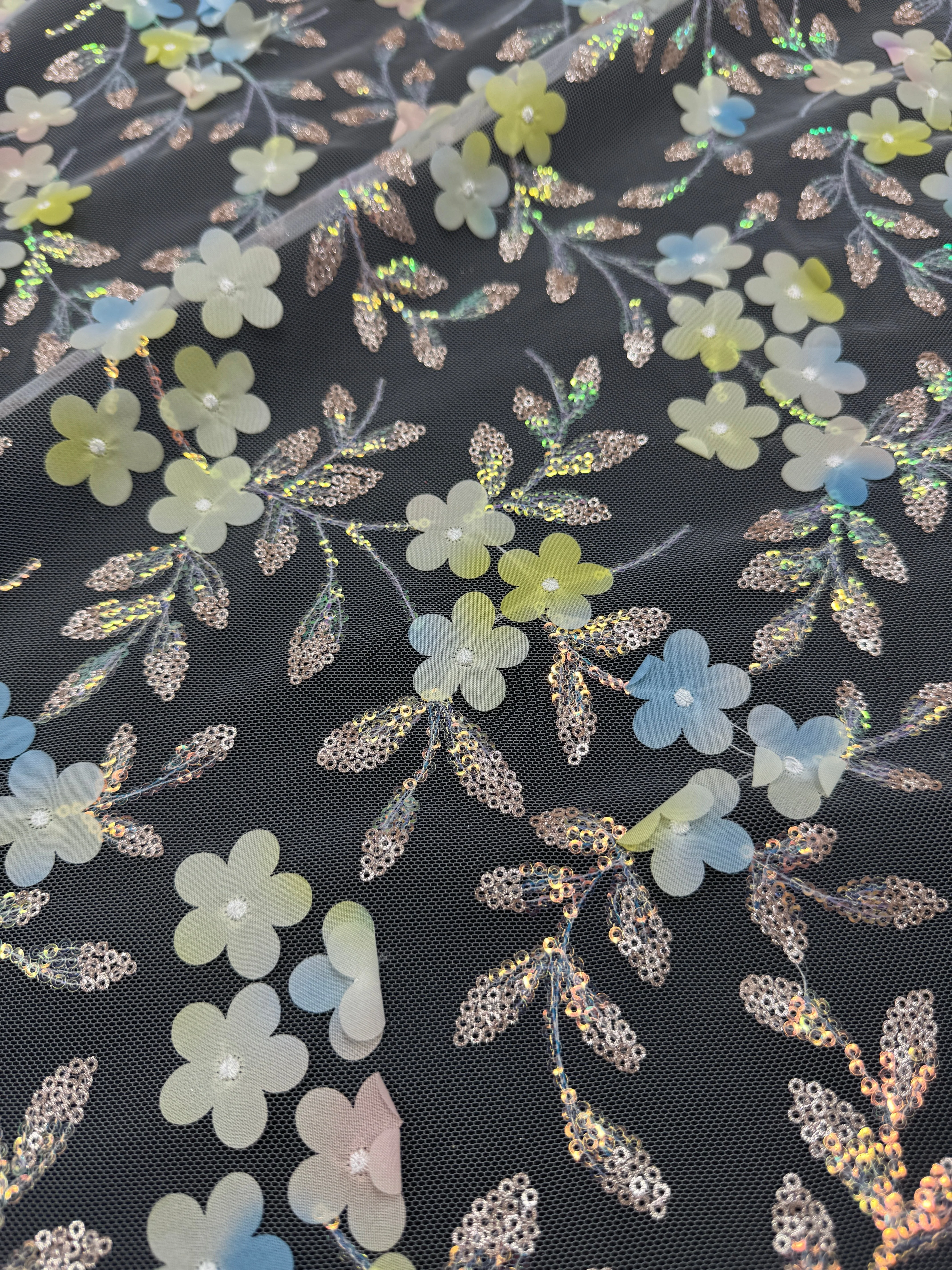 Blue Yellow Multicolor 3D Floral Embroidered Tulle - Image 6