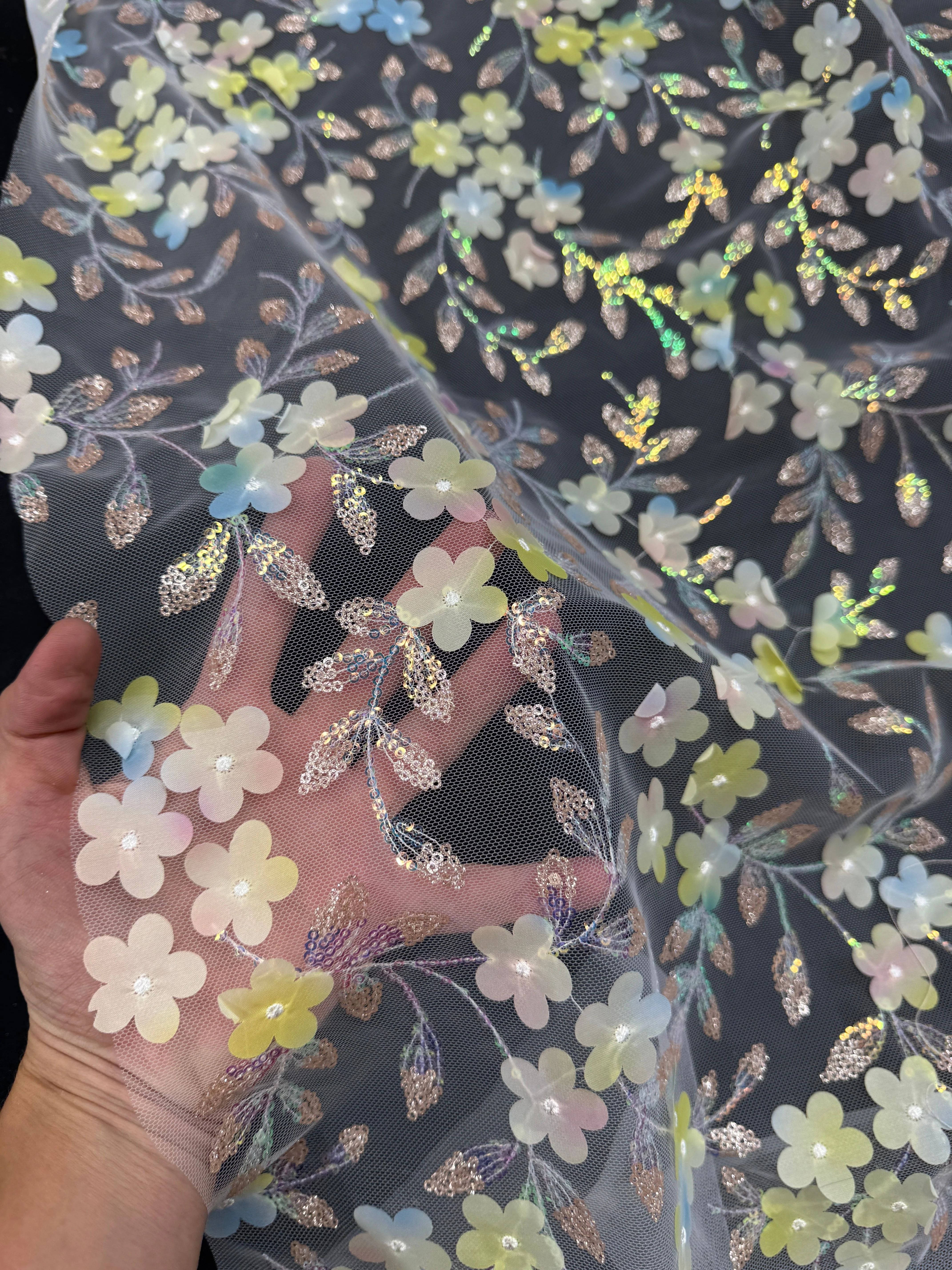 Blue Yellow Multicolor 3D Floral Embroidered Tulle - Image 7