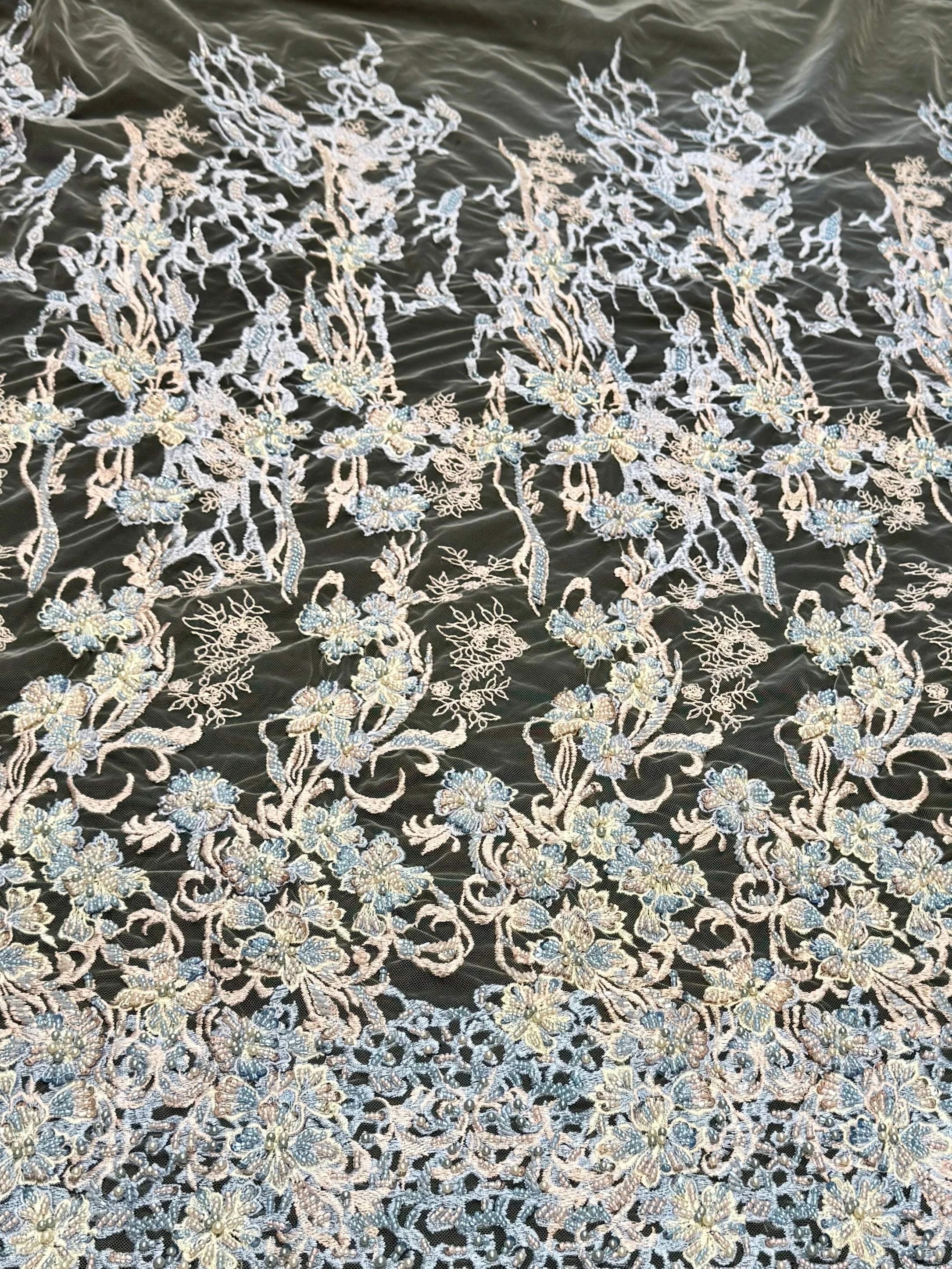 Blush-Blue Pearl Beaded Floral Embroidery Lace