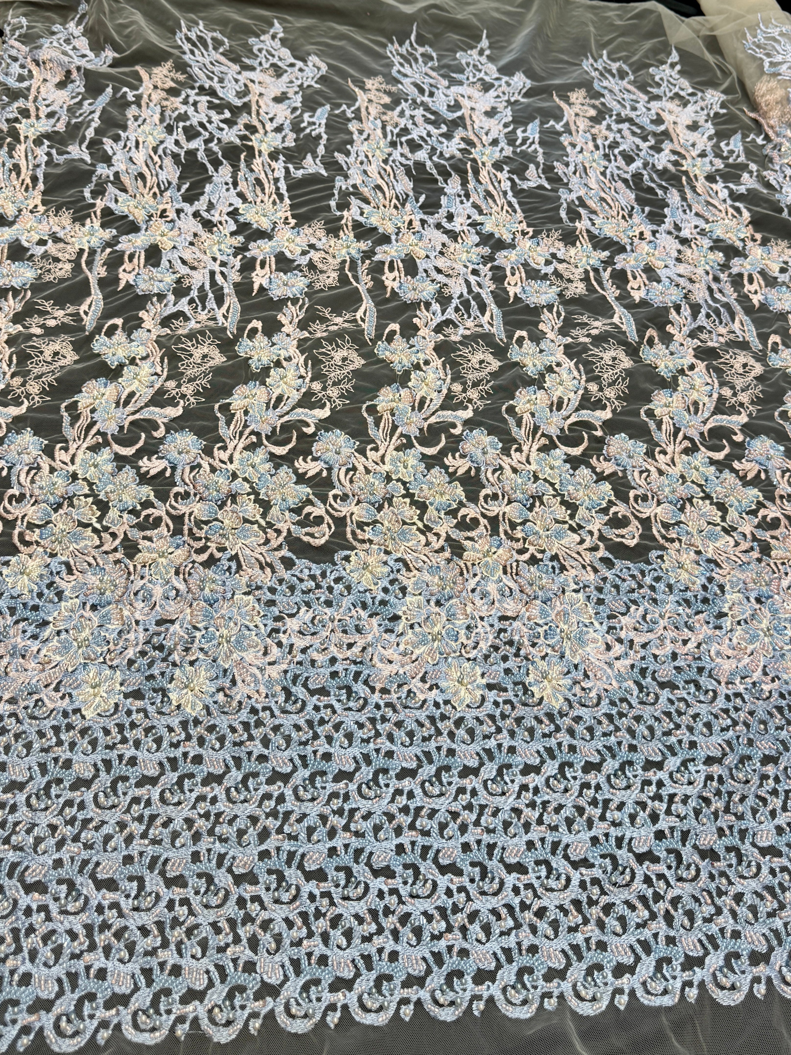 Blush-Blue Pearl Beaded Floral Embroidery Lace - Image 2
