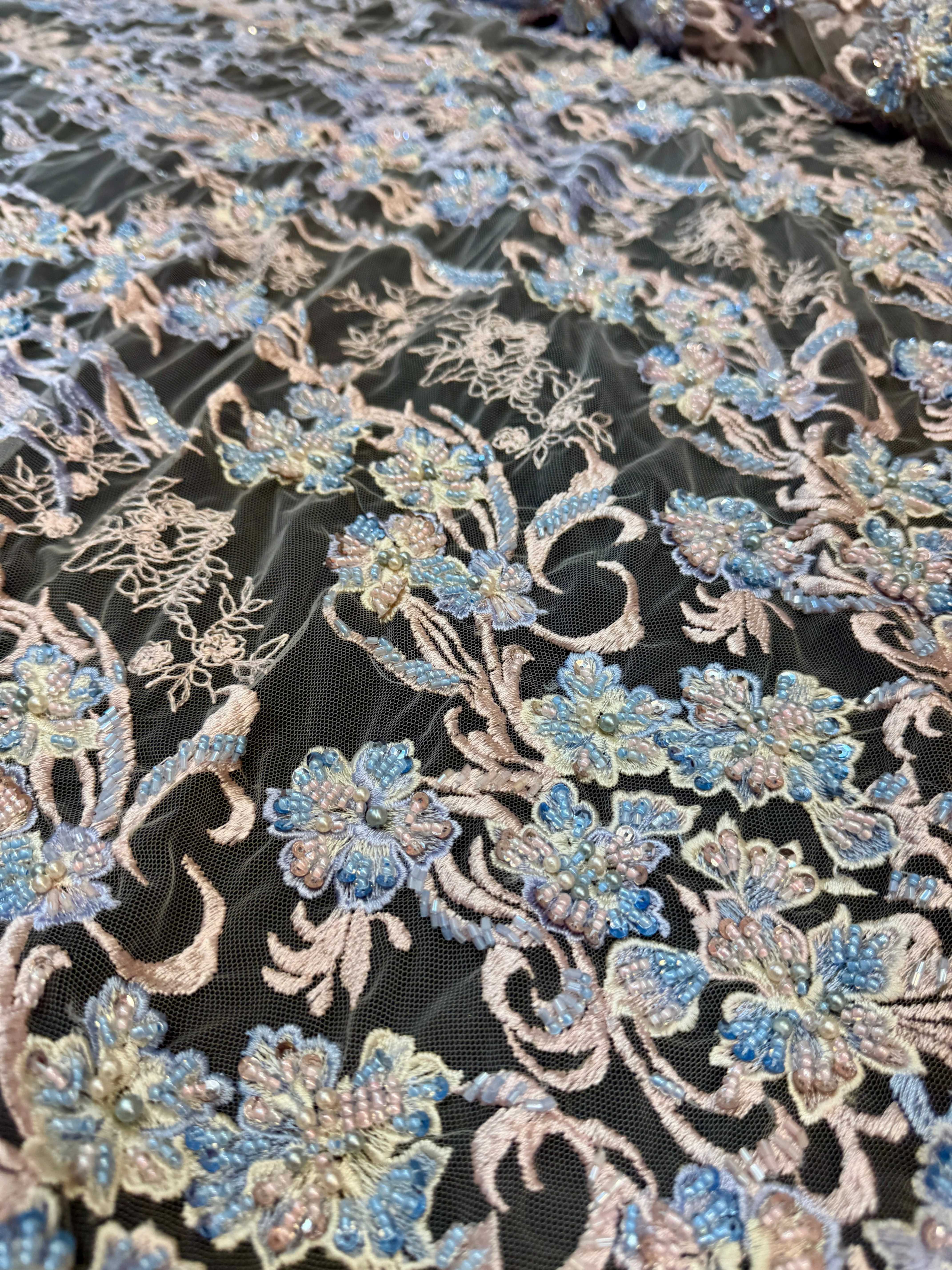 Blush-Blue Pearl Beaded Floral Embroidery Lace - Image 3