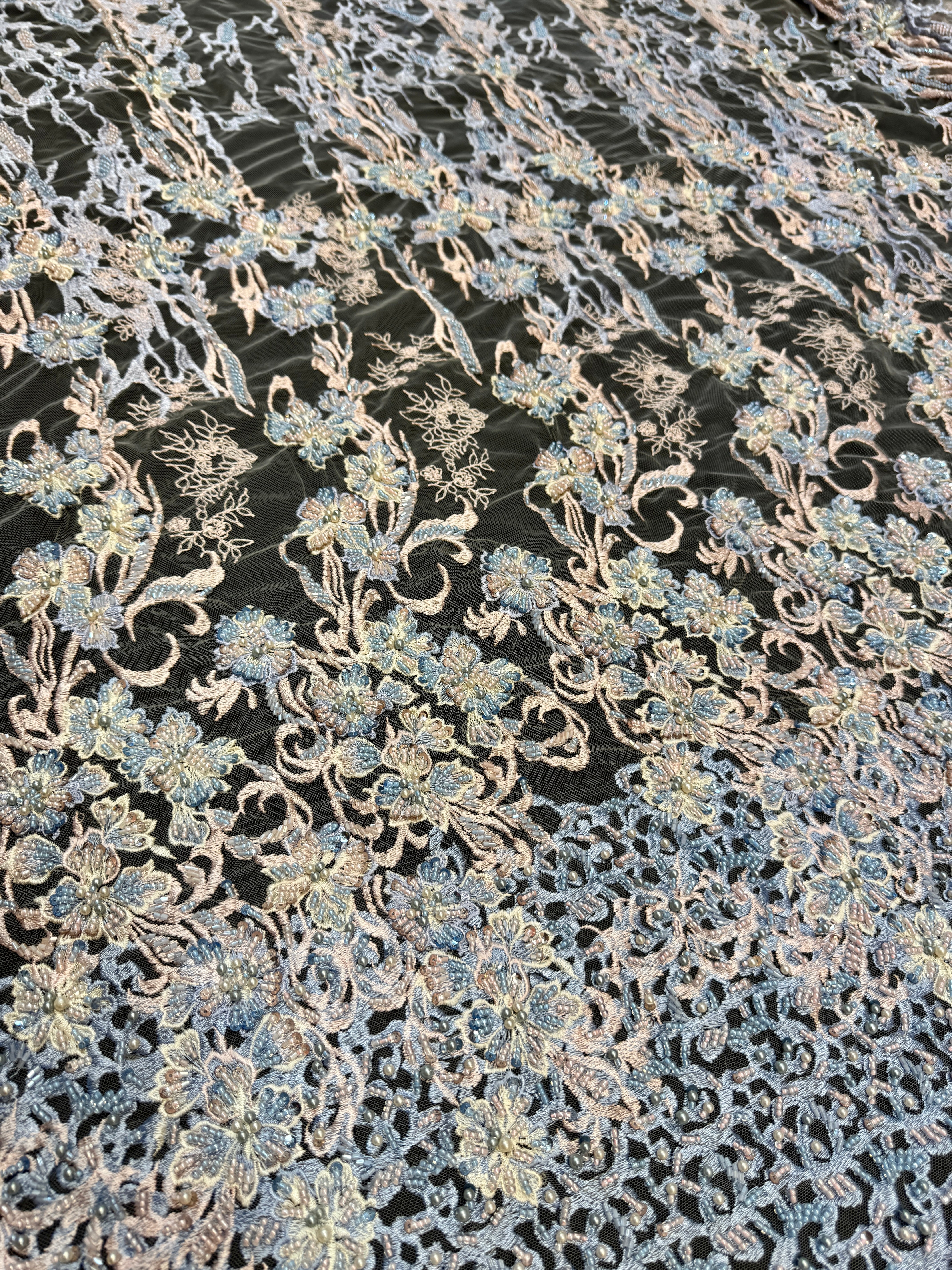 Blush-Blue Pearl Beaded Floral Embroidery Lace - Image 4
