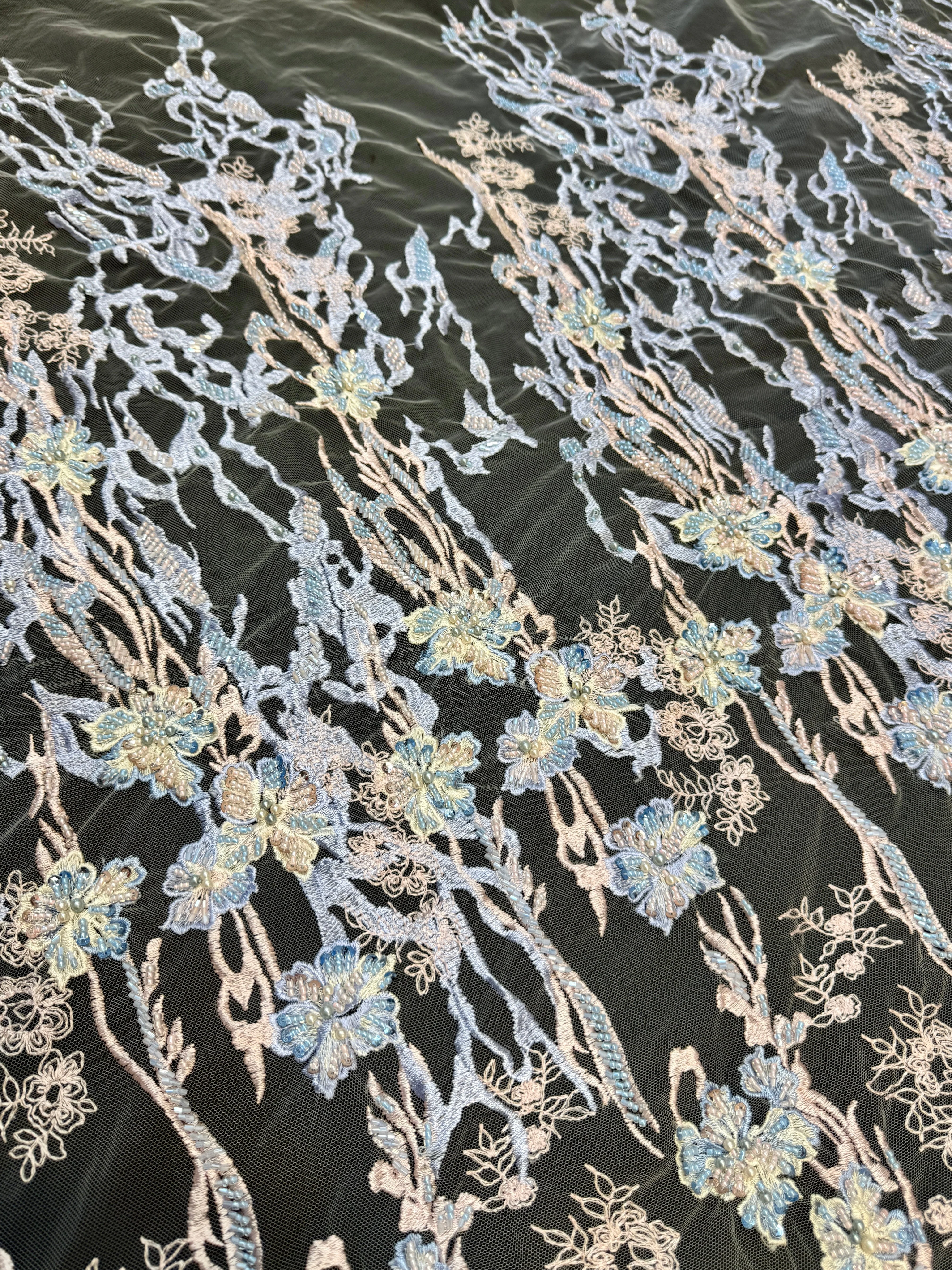 Blush-Blue Pearl Beaded Floral Embroidery Lace - Image 5