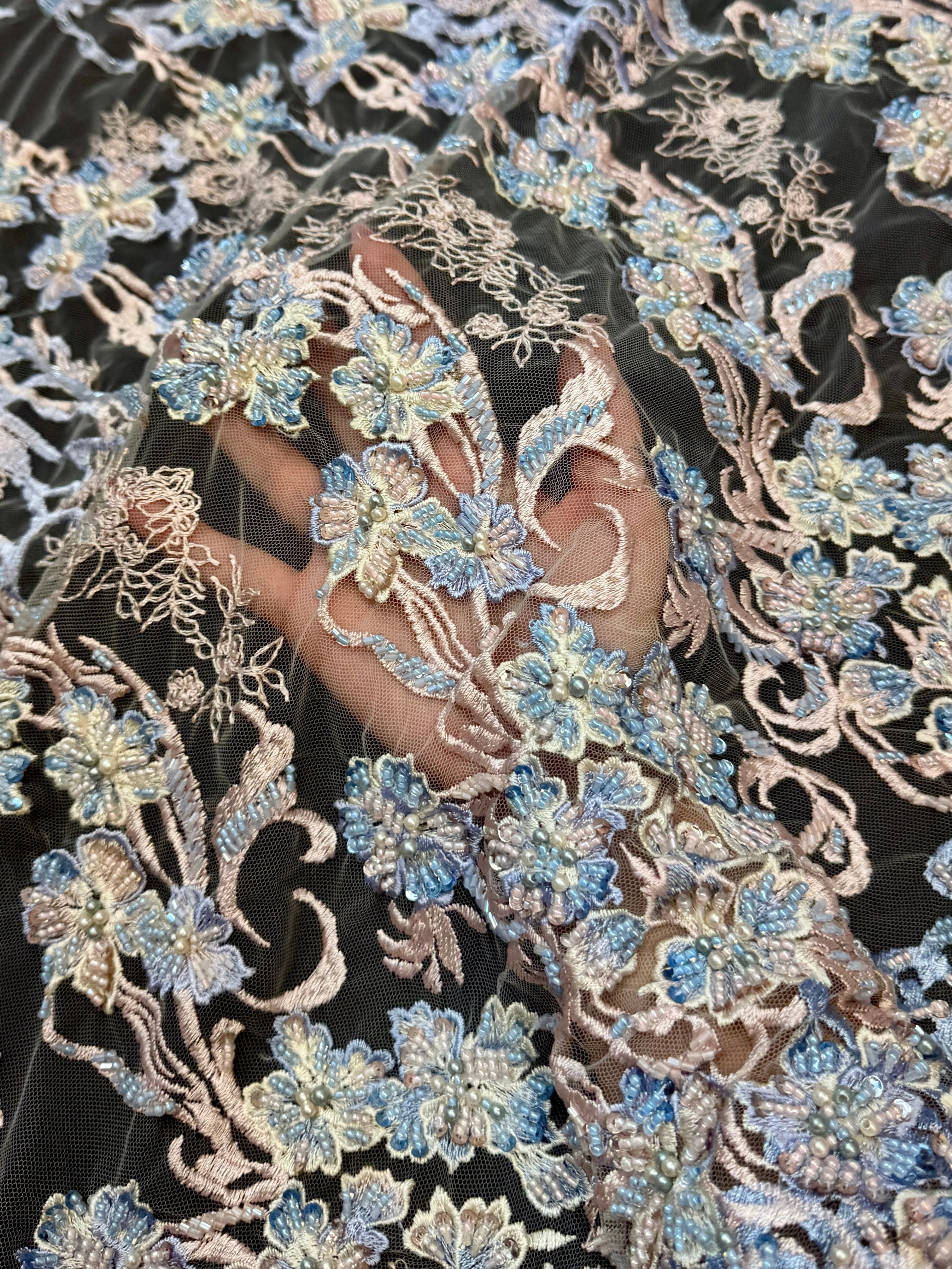 Blush-Blue Pearl Beaded Floral Embroidery Lace - Image 7