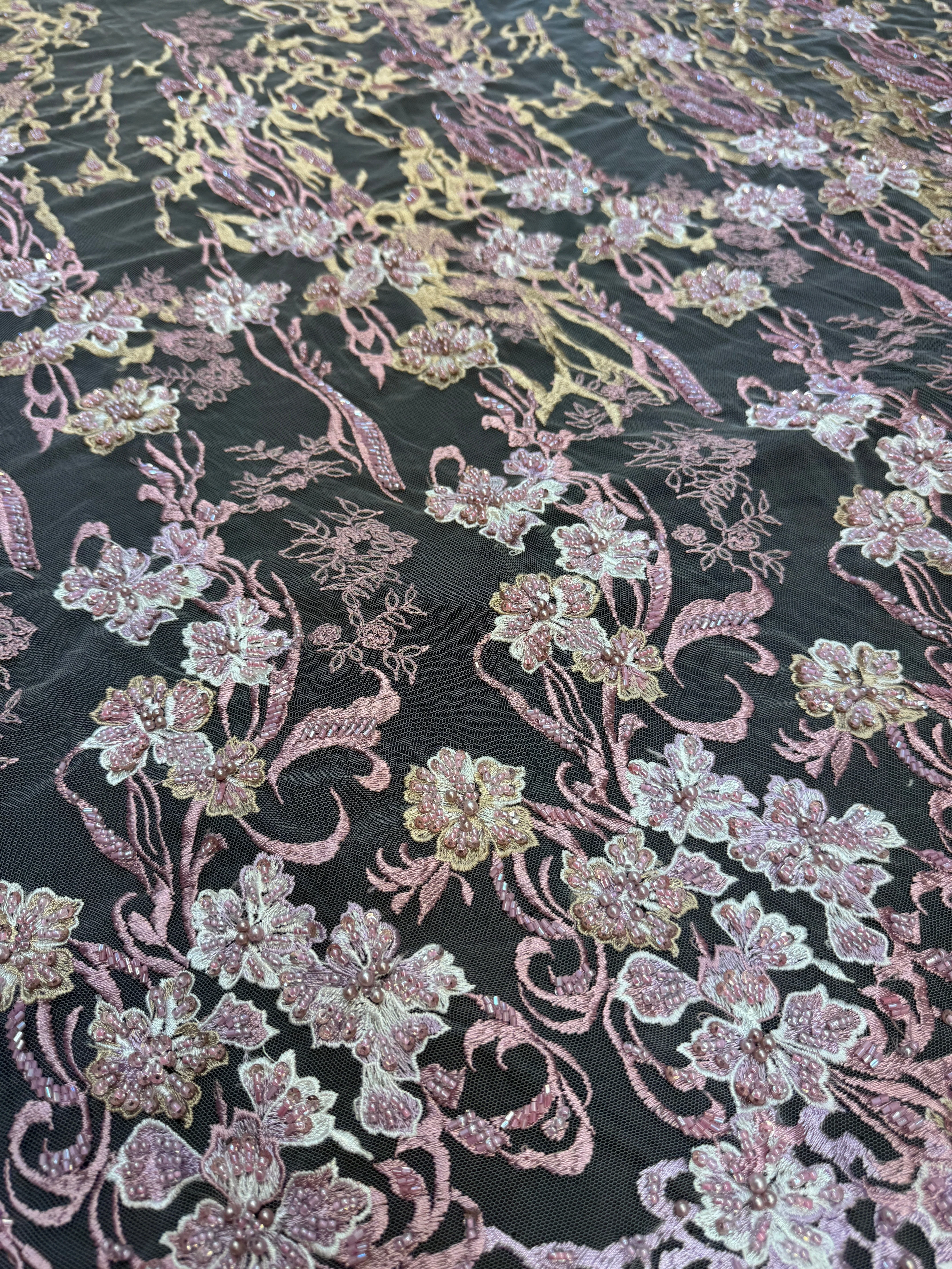 Blush-Mauve Pearl Beaded Floral Embroidery Lace