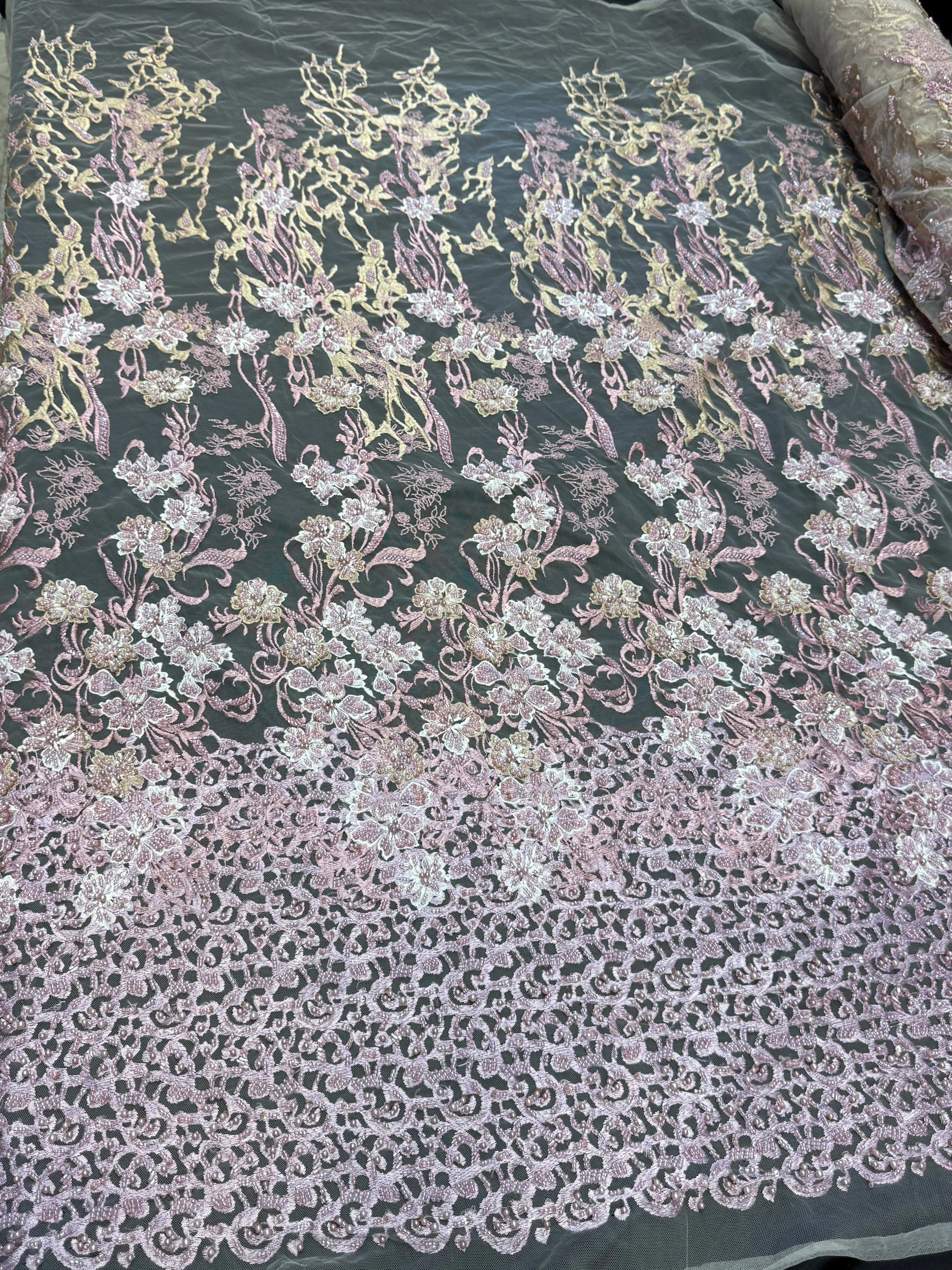 Blush-Mauve Pearl Beaded Floral Embroidery Lace - Image 10
