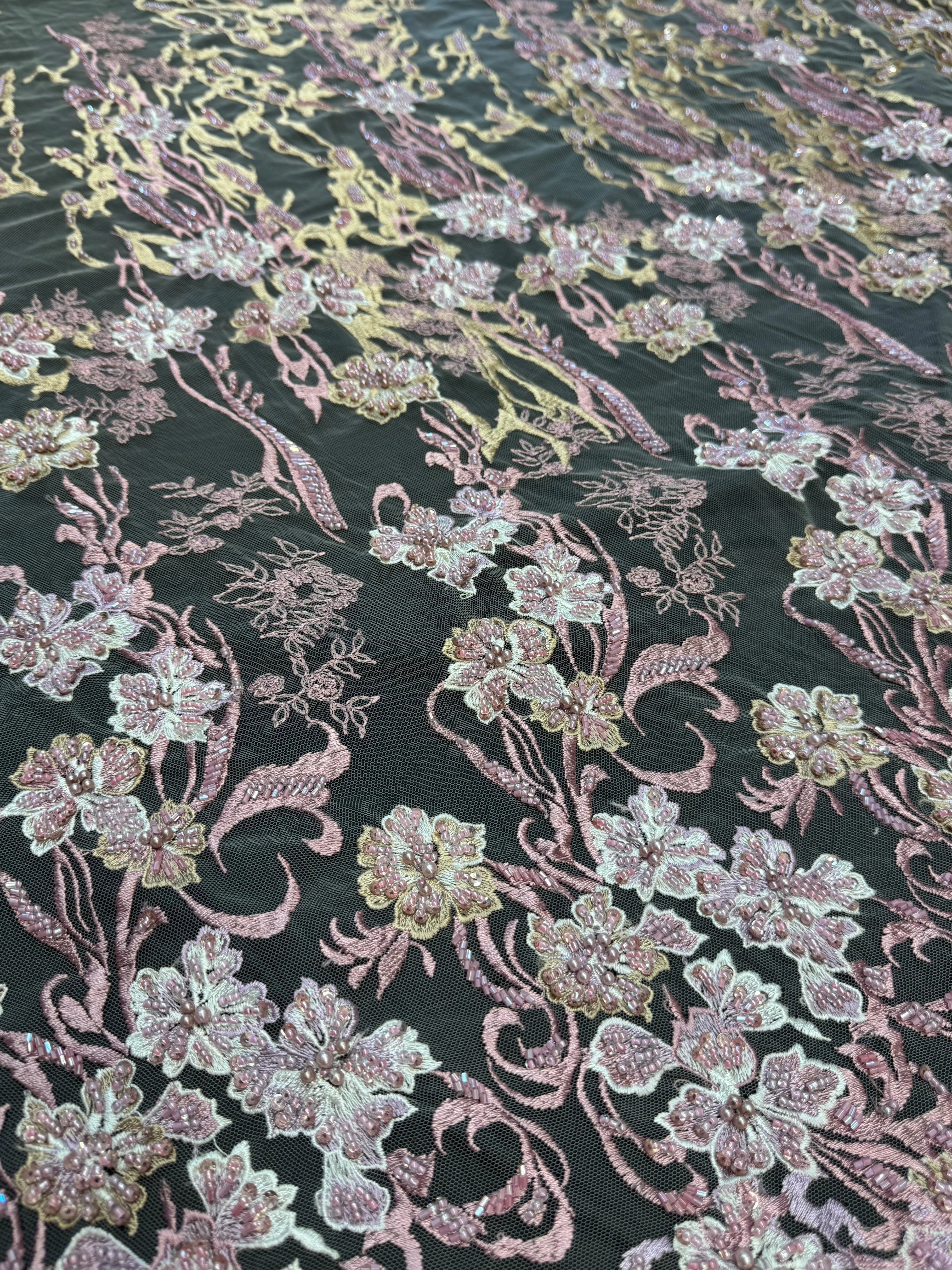 Blush-Mauve Pearl Beaded Floral Embroidery Lace - Image 2