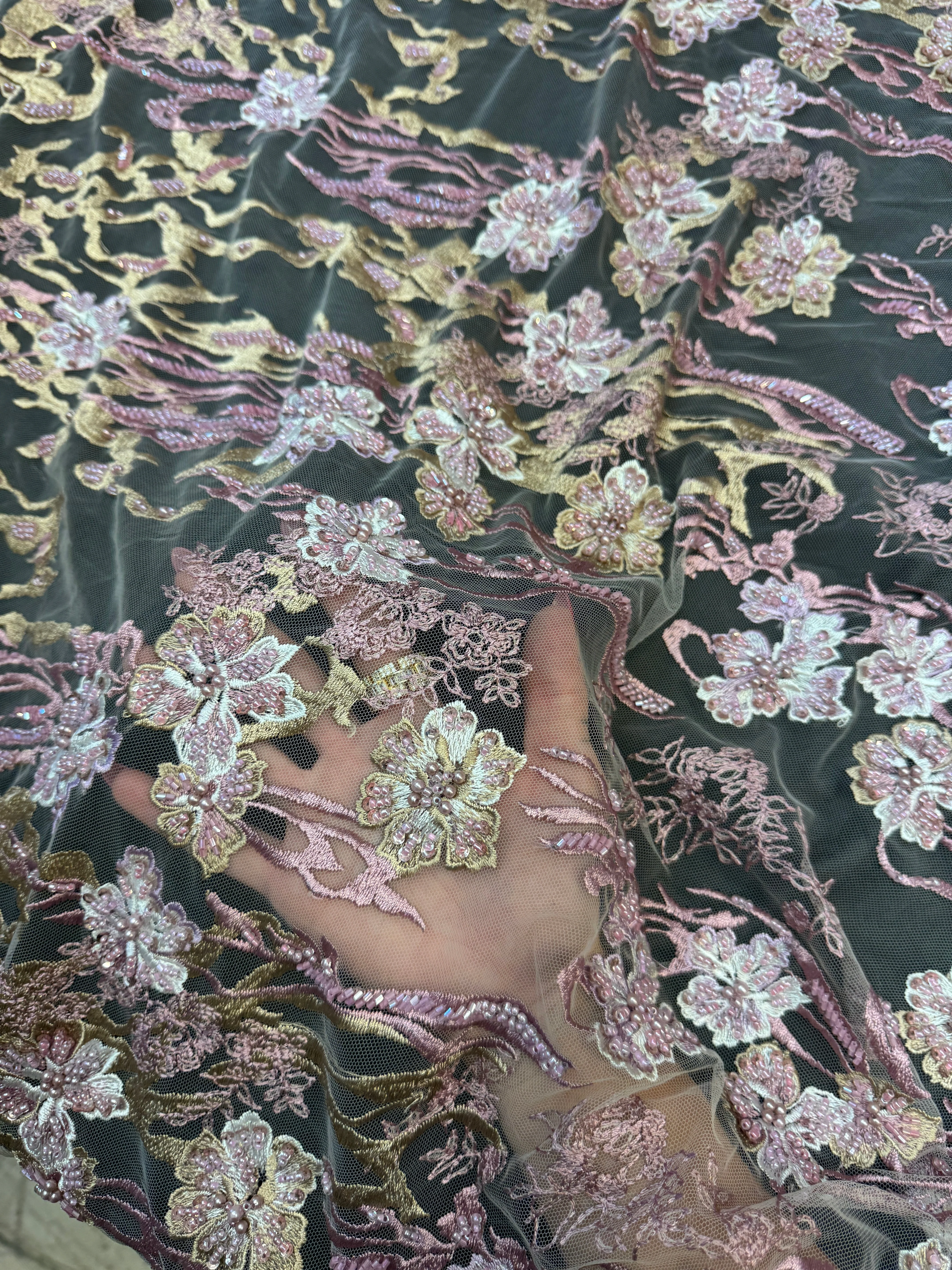 Blush-Mauve Pearl Beaded Floral Embroidery Lace - Image 3
