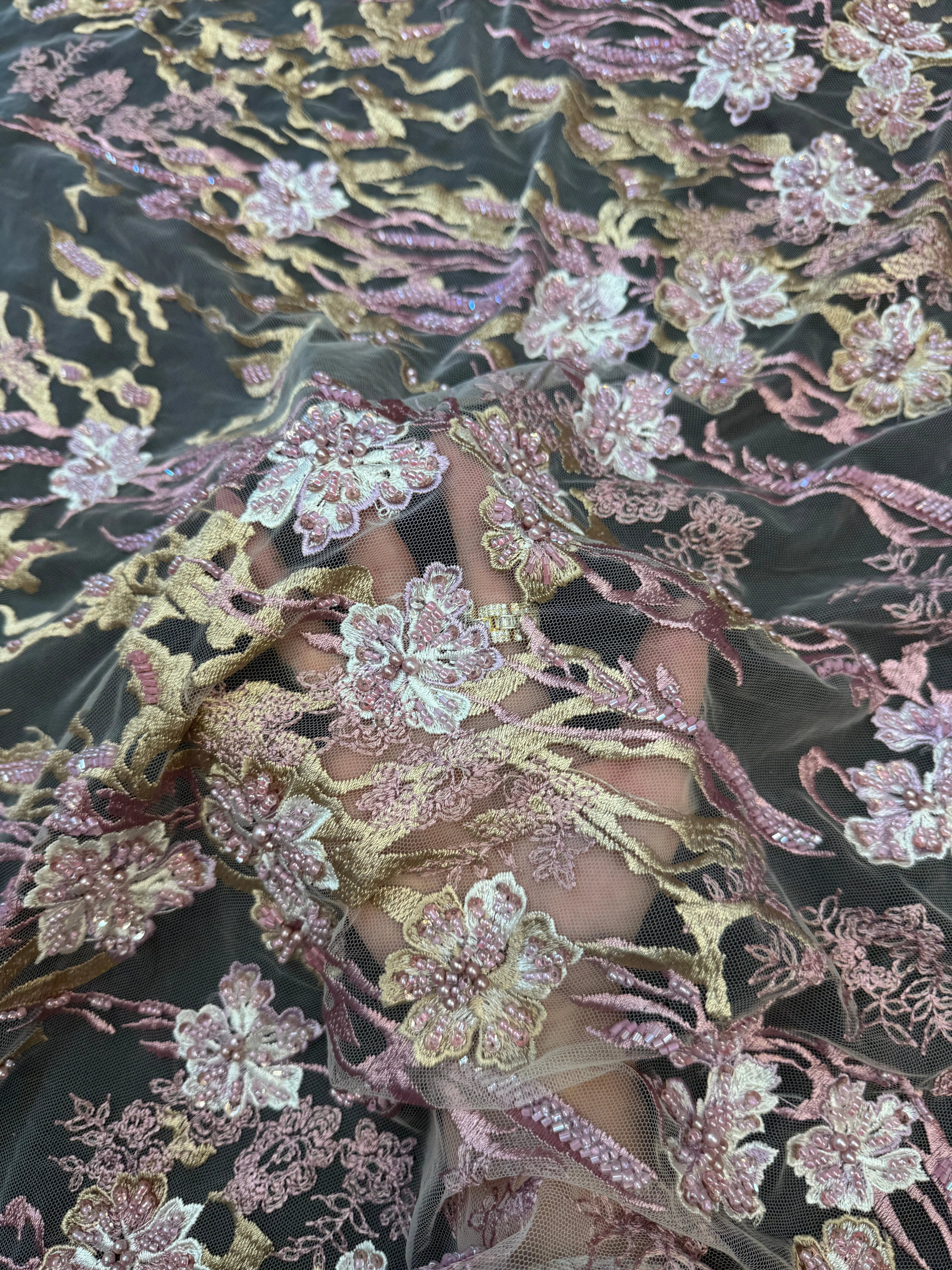 Blush-Mauve Pearl Beaded Floral Embroidery Lace - Image 5