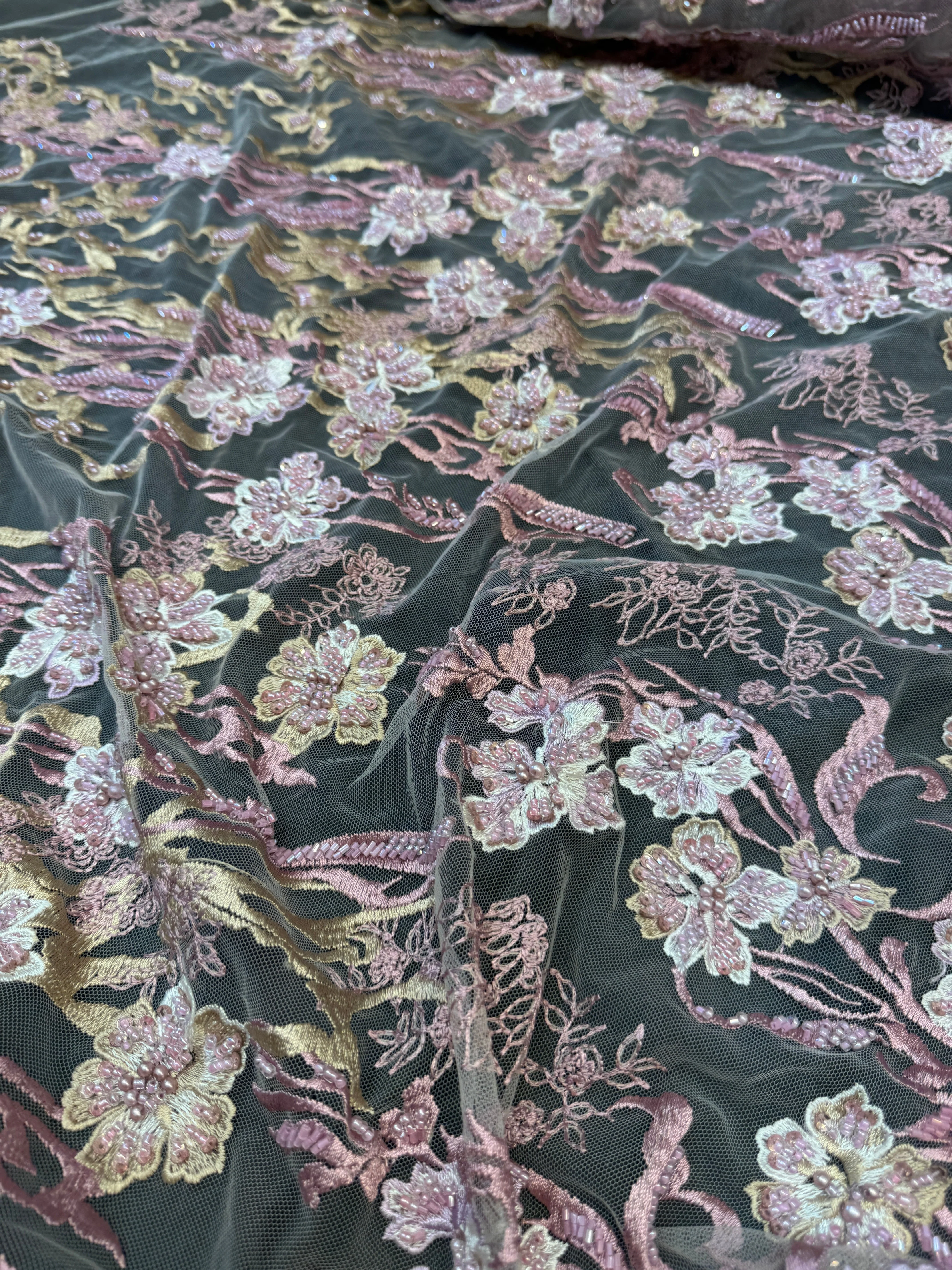 Blush-Mauve Pearl Beaded Floral Embroidery Lace - Image 6