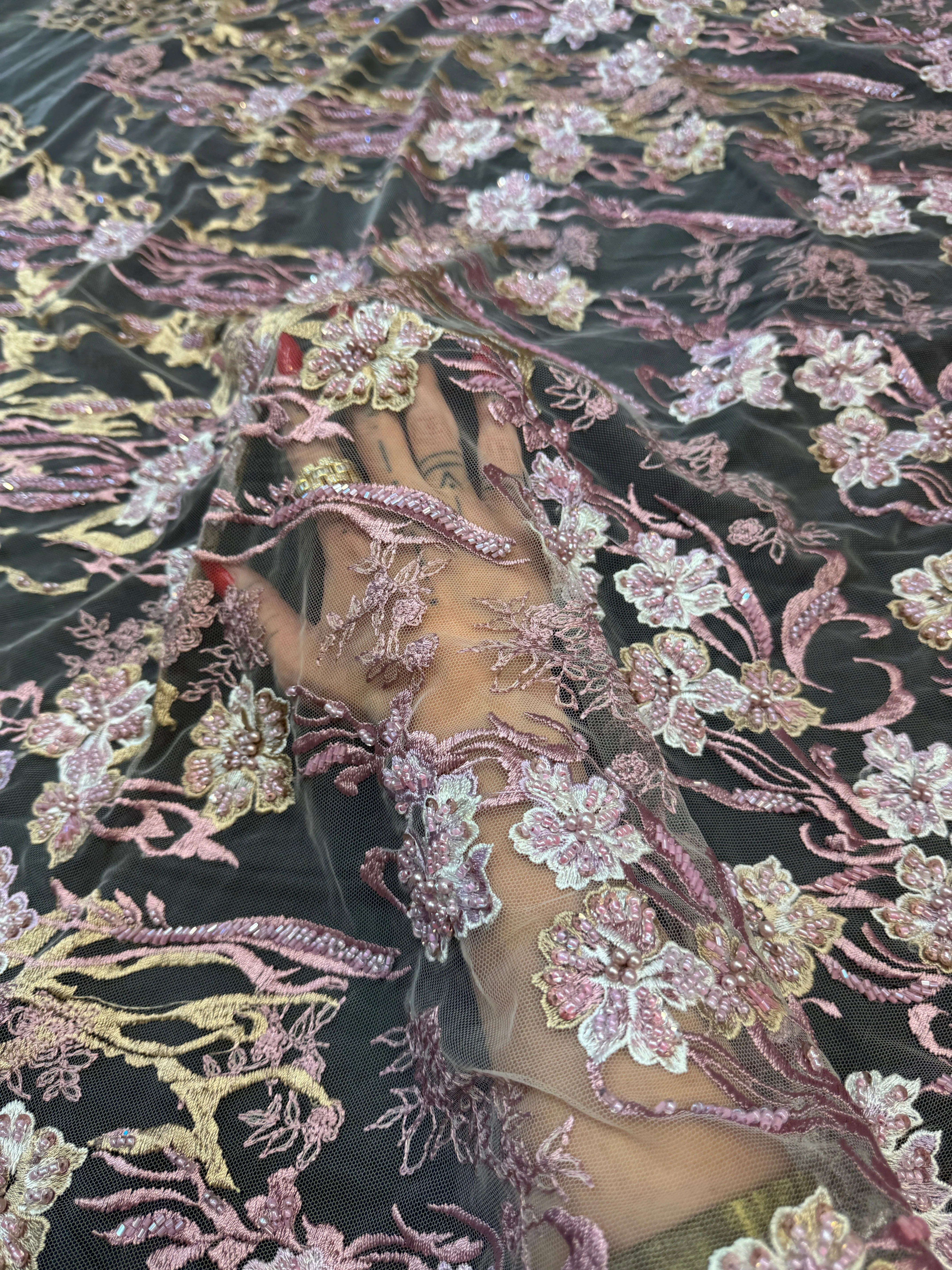 Blush-Mauve Pearl Beaded Floral Embroidery Lace - Image 7