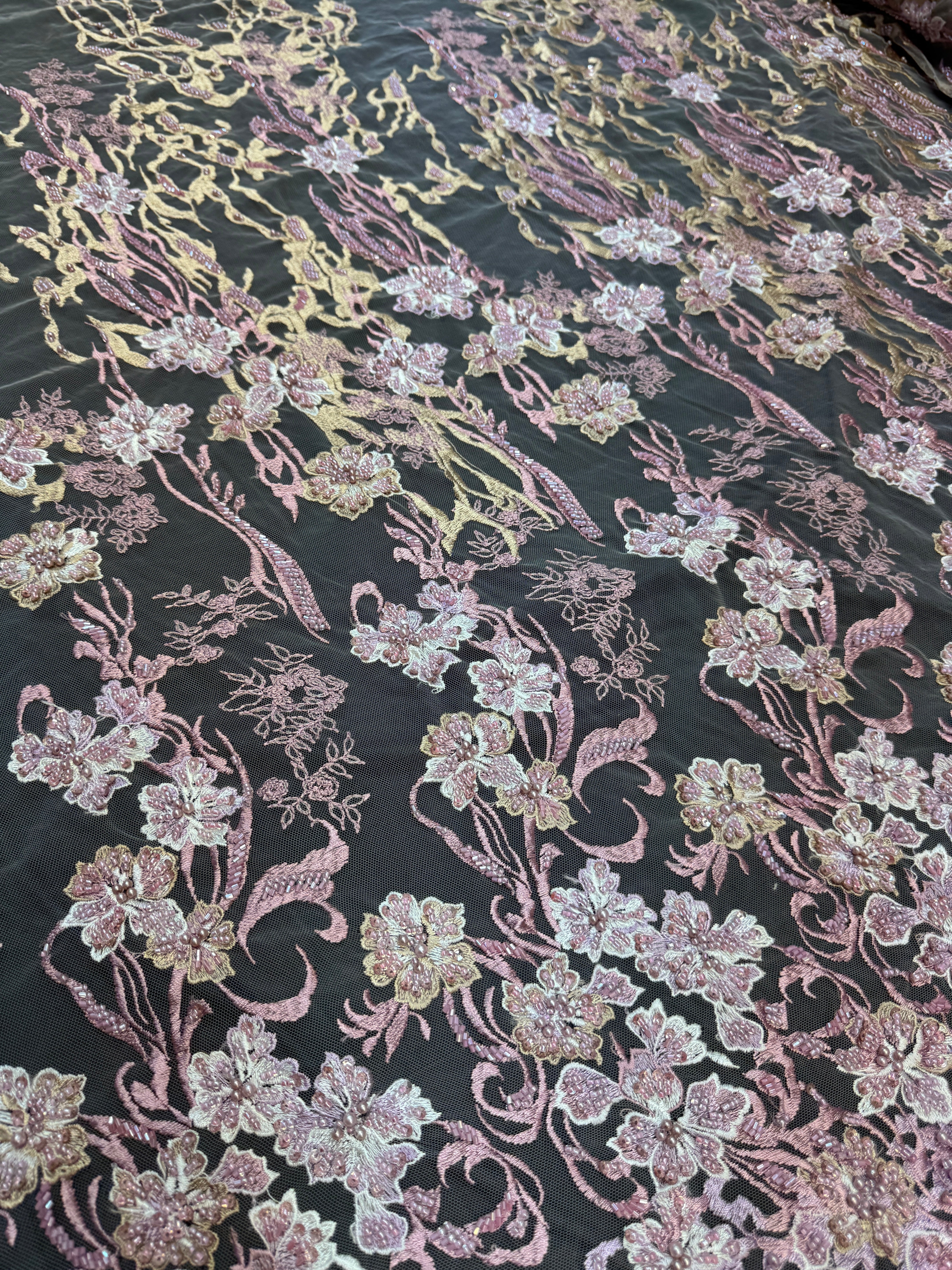 Blush-Mauve Pearl Beaded Floral Embroidery Lace - Image 8