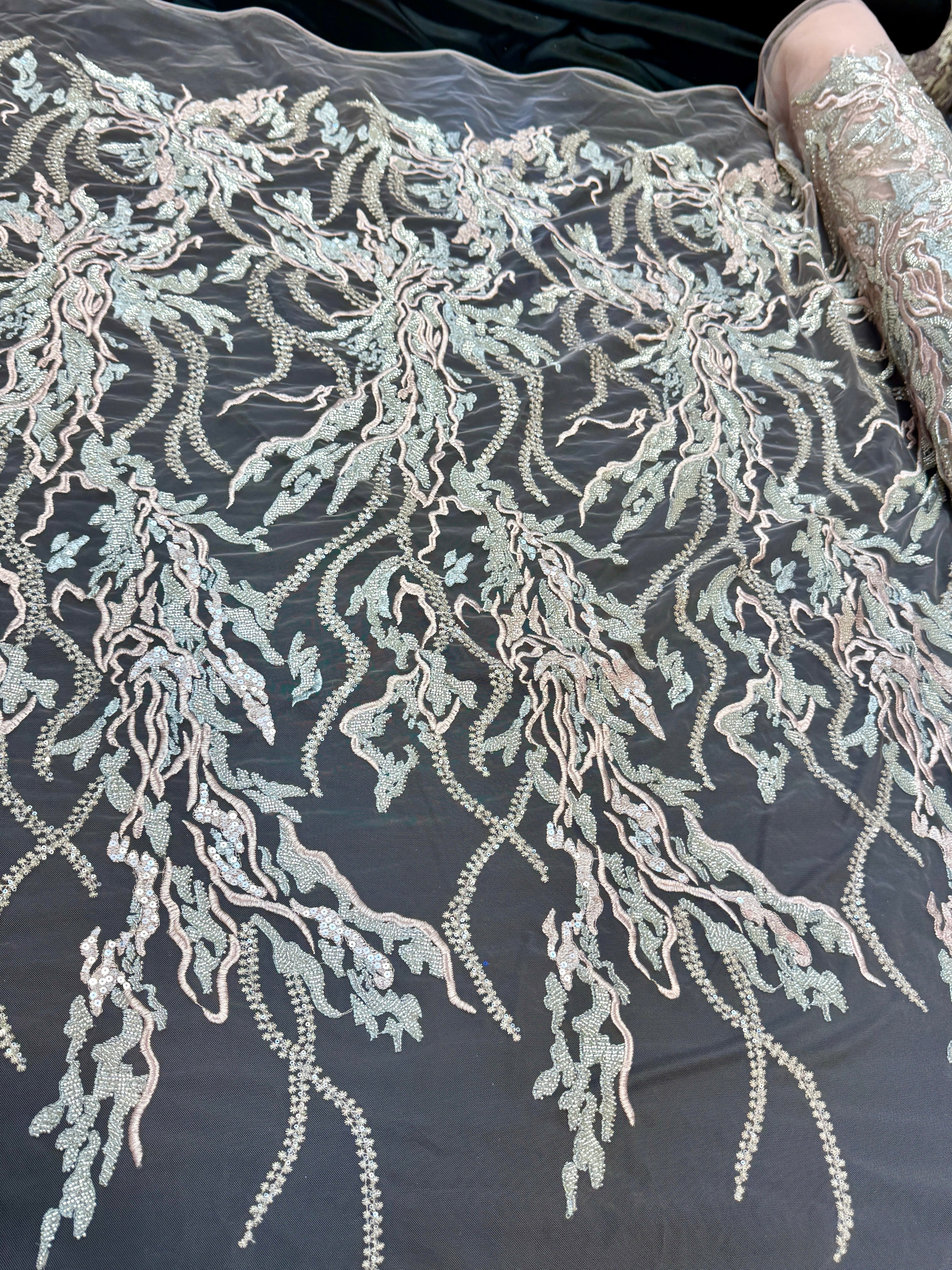 Blush-Mint Abstract Leaf Beaded Sequin Lace