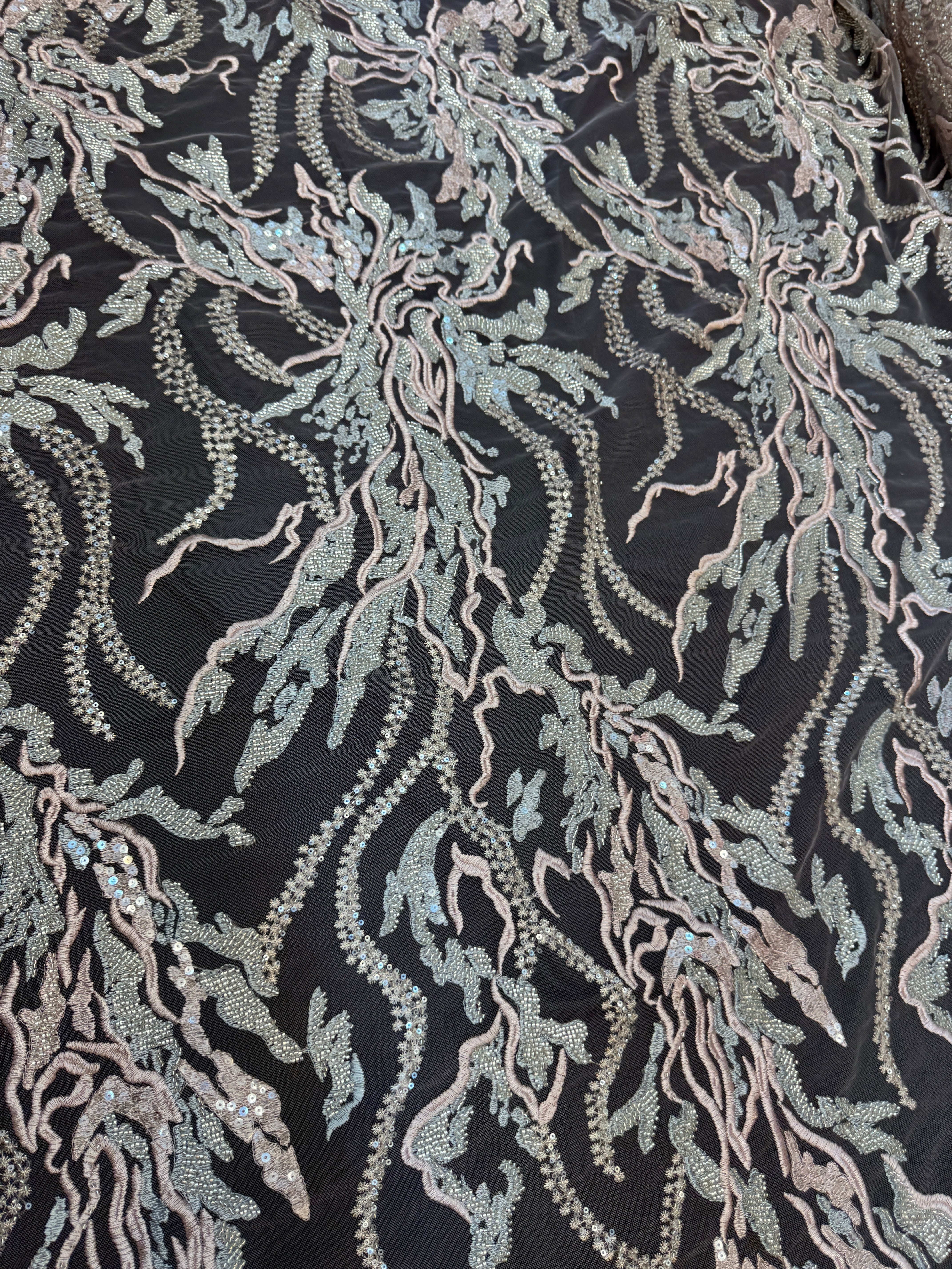 Blush-Mint Abstract Leaf Beaded Sequin Lace - Image 2